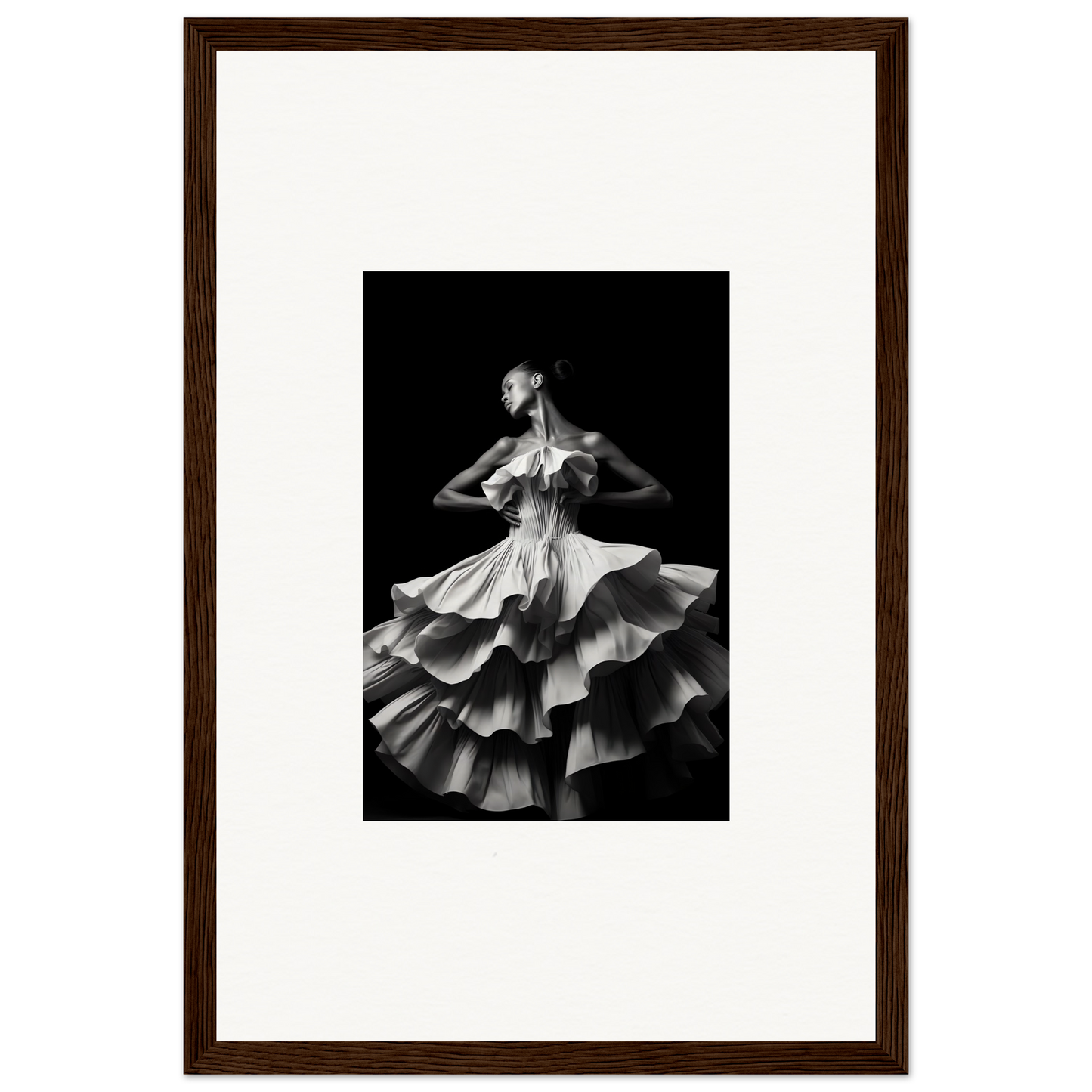 Black and white photograph of a flamenco dancer in a ruffled dress.