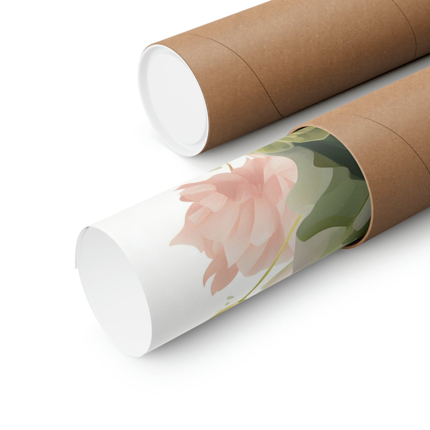 Two rolls of brown paper with a pink flower on them