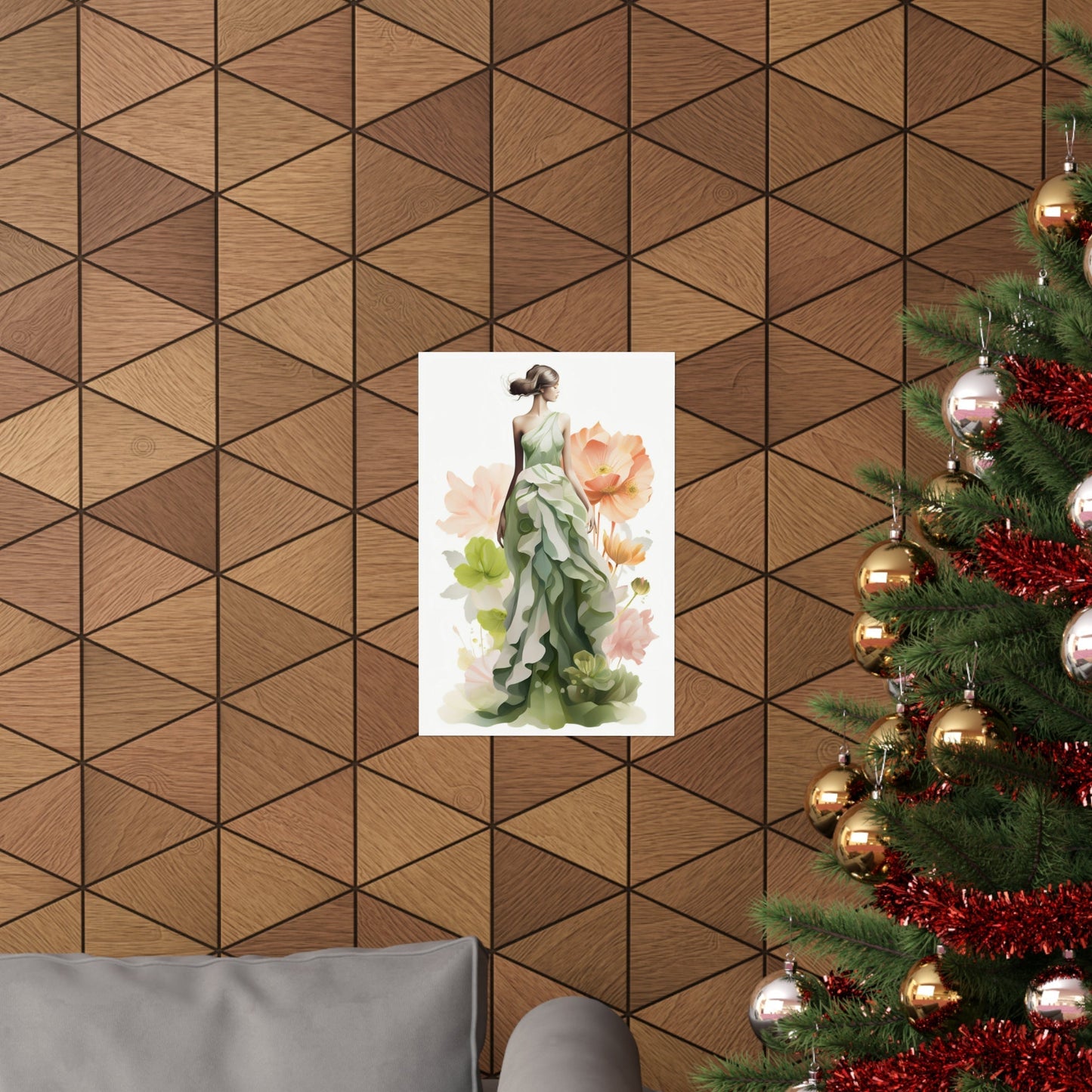 A christmas tree with a painting of a woman