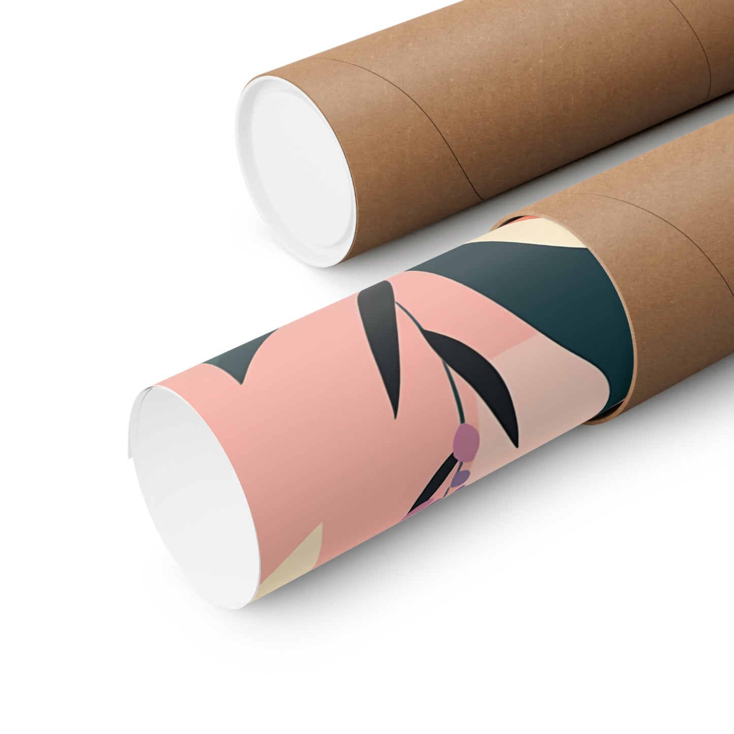 Two rolls of brown paper with a pink and green design