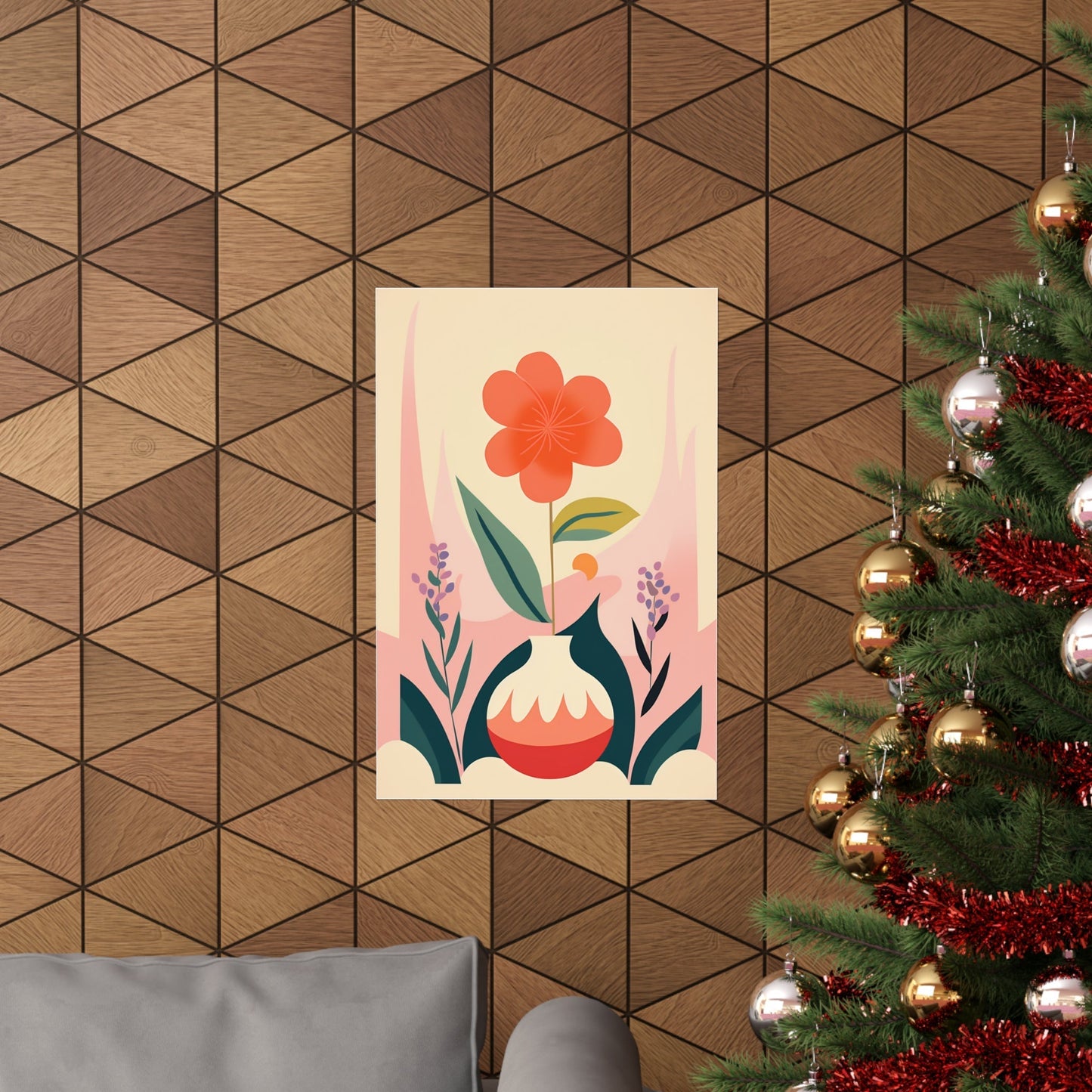 A christmas tree with a red flower on it