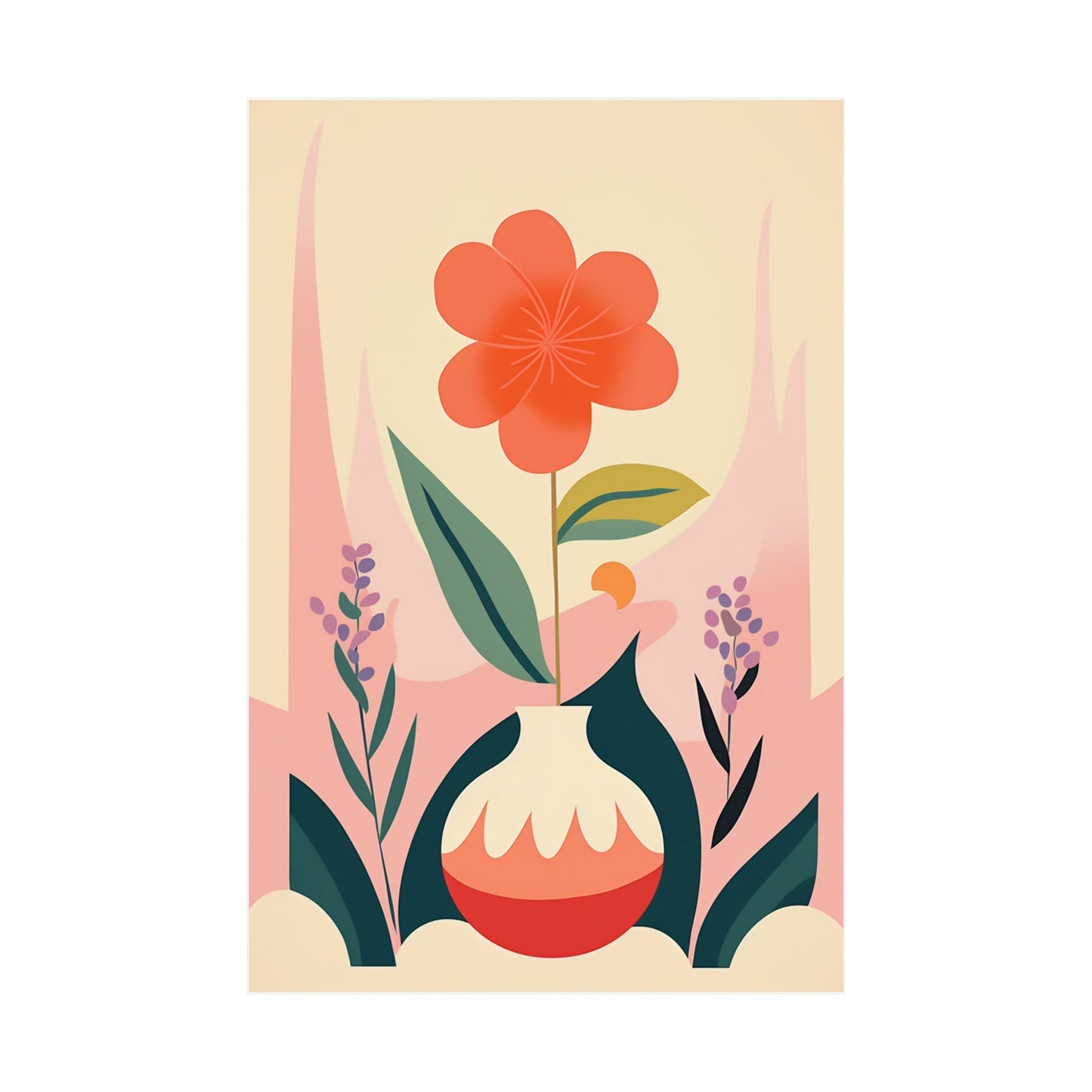A flower in a vase with leaves and flowers