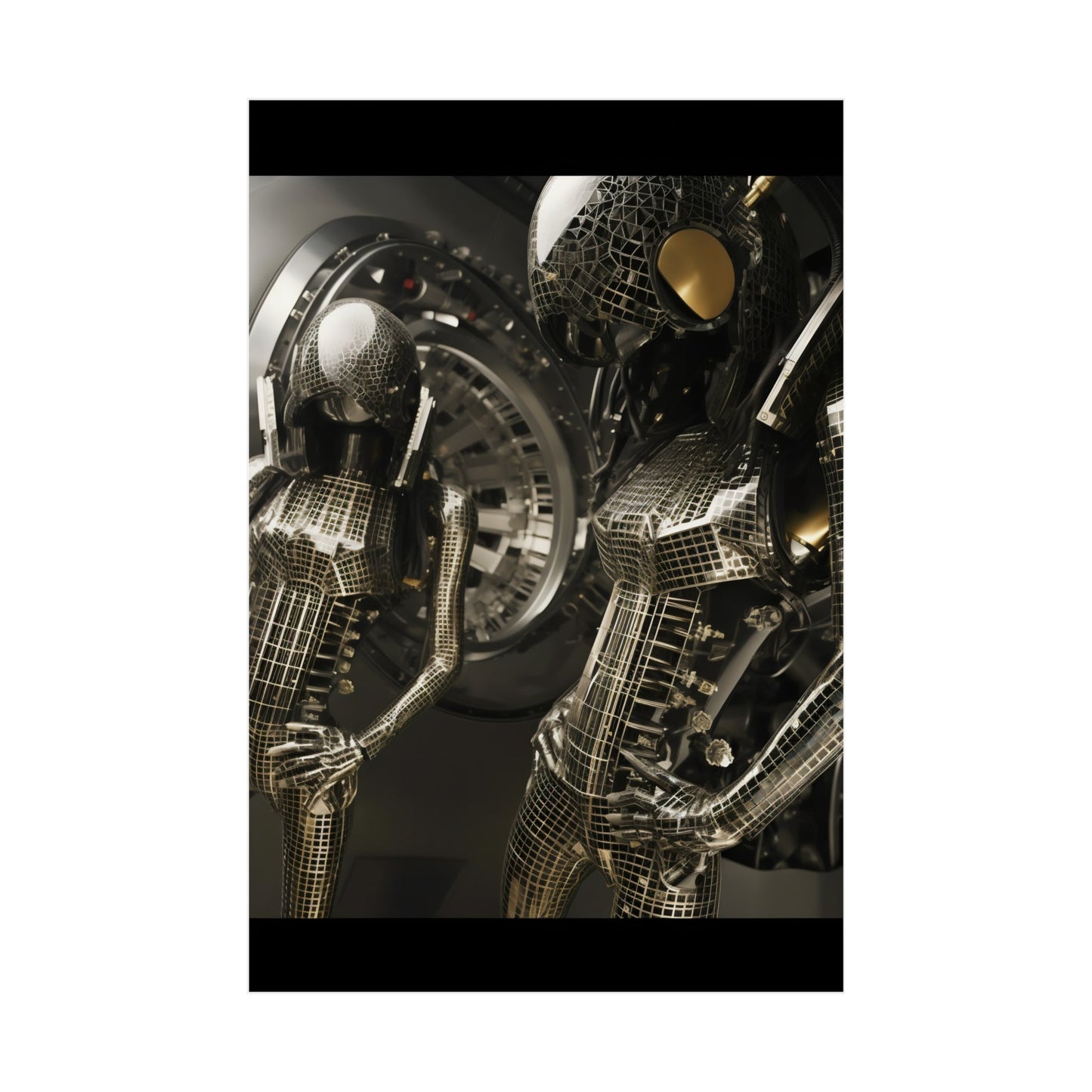 A metal sculpture of a robot with a face