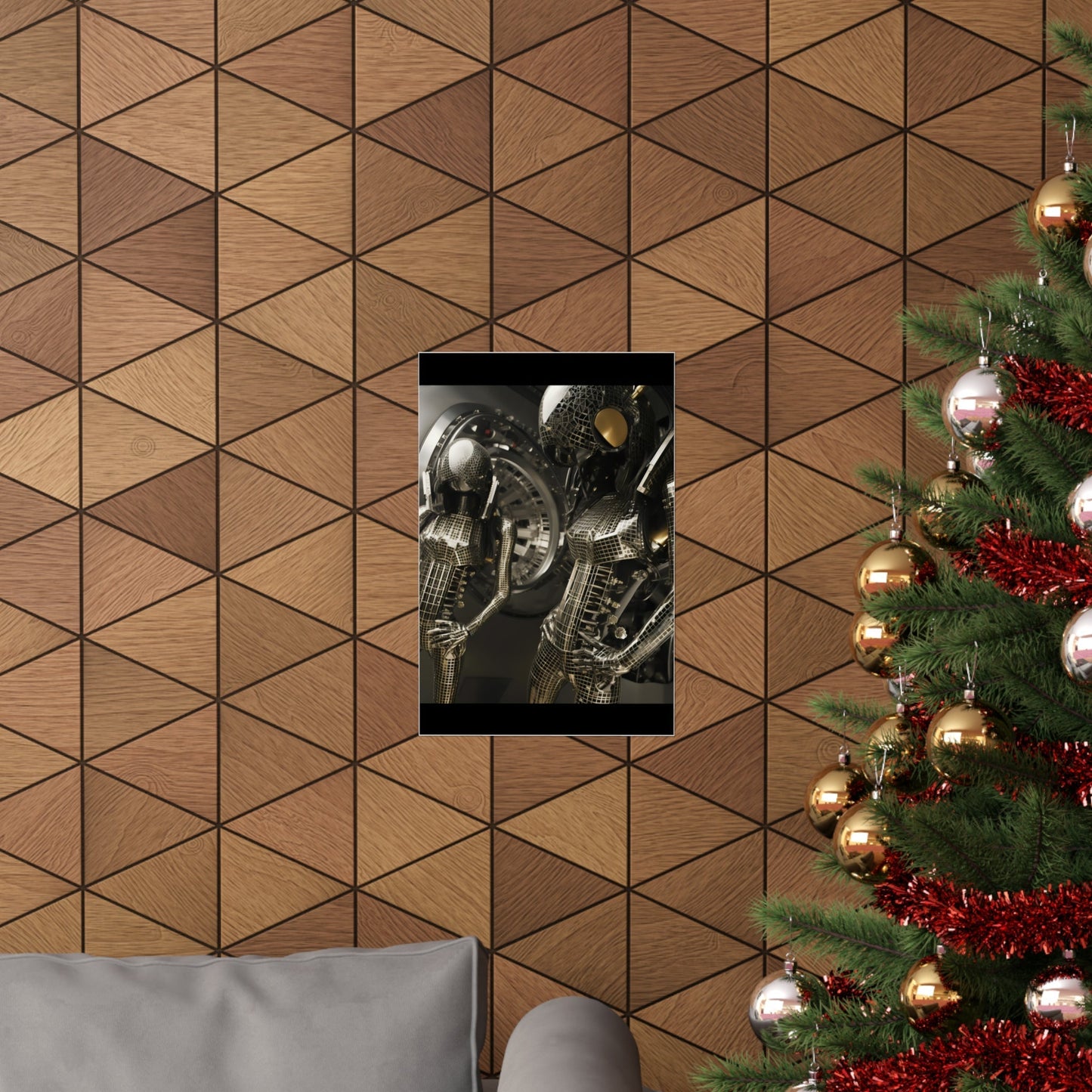 A christmas tree with a picture of a motorcycle