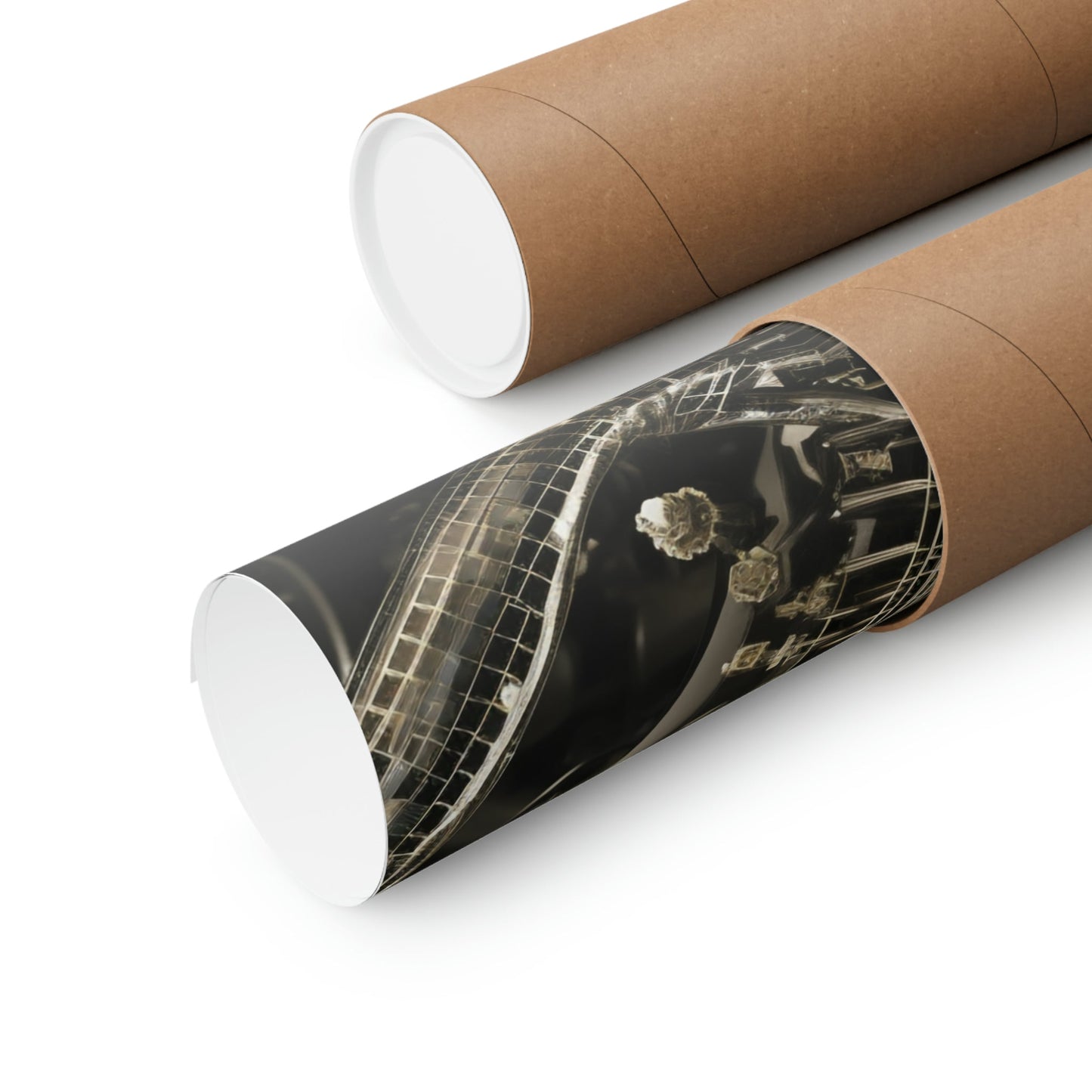 Two rolls of brown paper with a black and white image of a woman