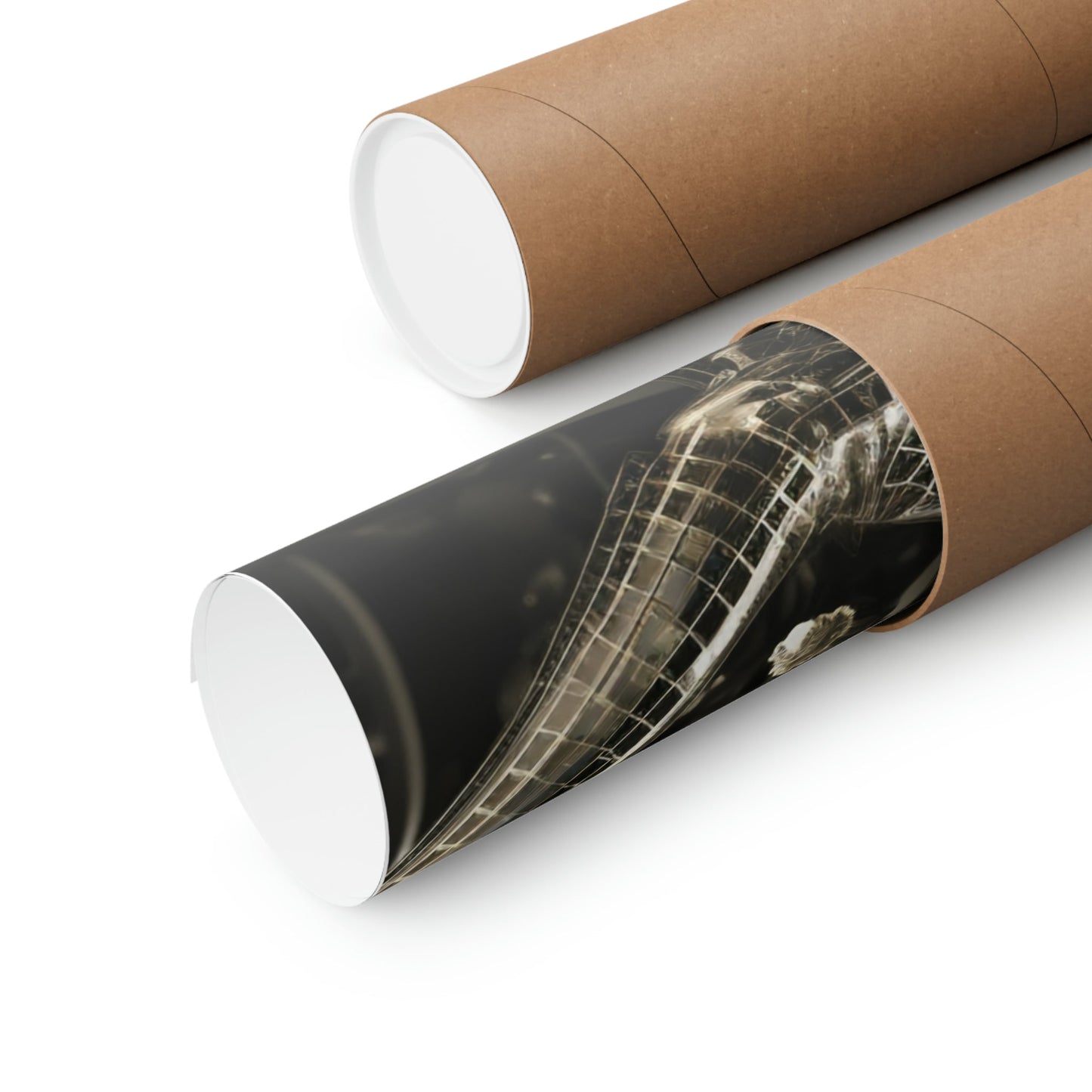 Two rolls of brown paper with a black and white image of a woman