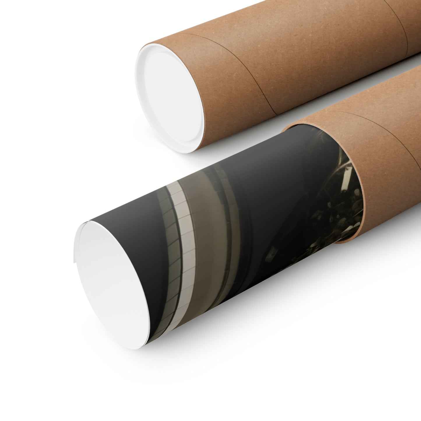 Two rolls of brown paper with black and white stripes