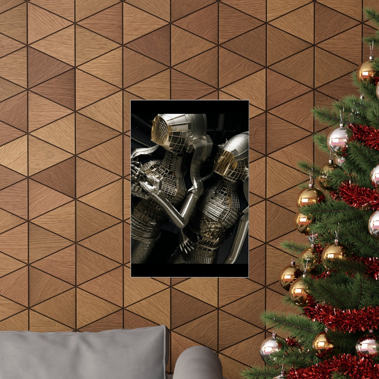 A christmas tree with a picture of a robot