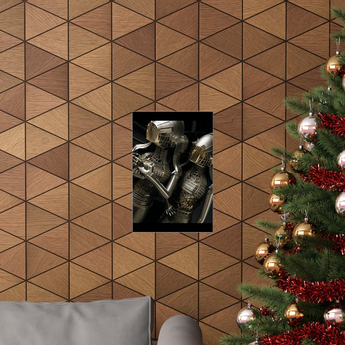 A christmas tree with a picture of a knight