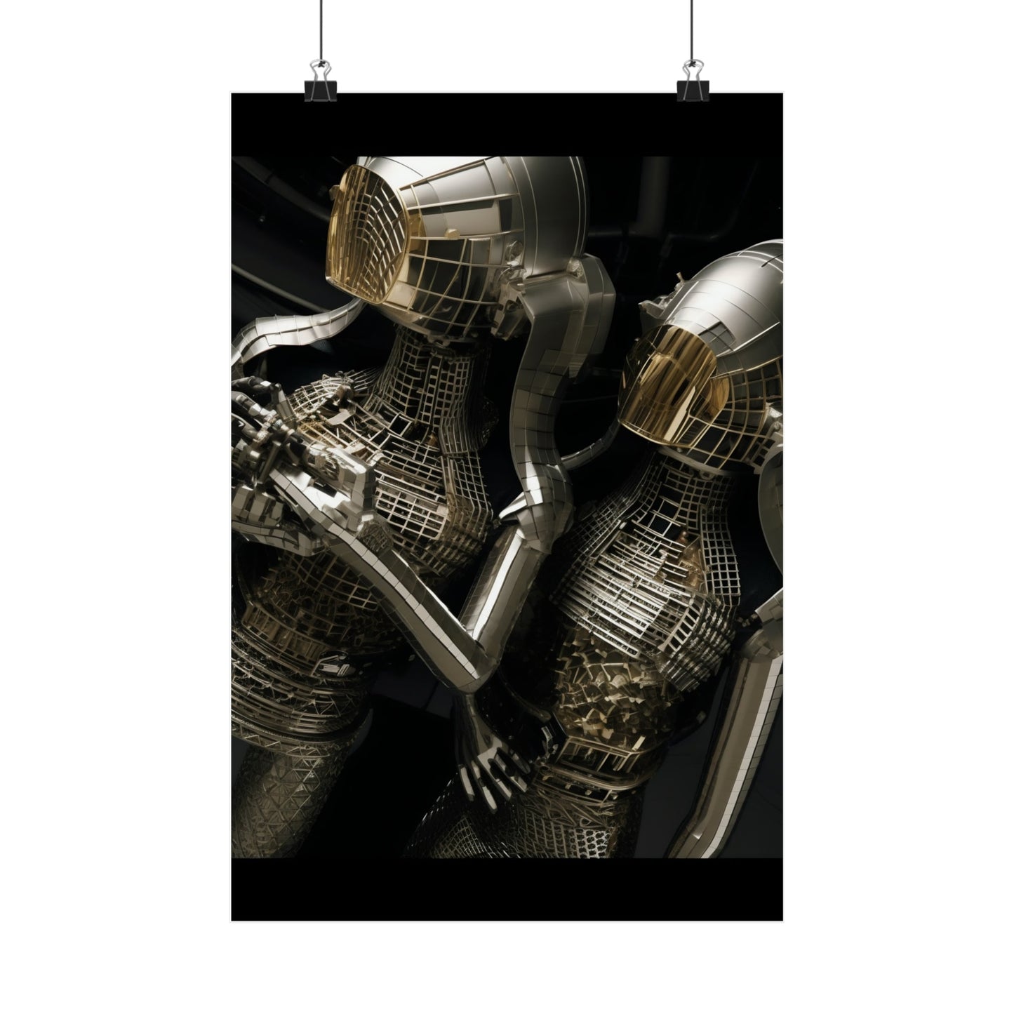 Metallic humanoid figures with intricate grid-like patterns on their bodies.