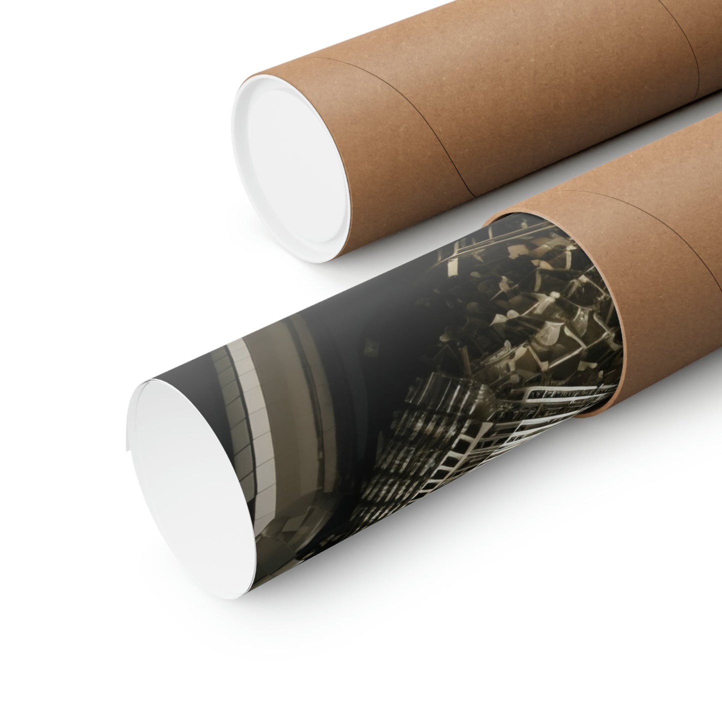 Two rolls of brown paper with a photo of a man on the side