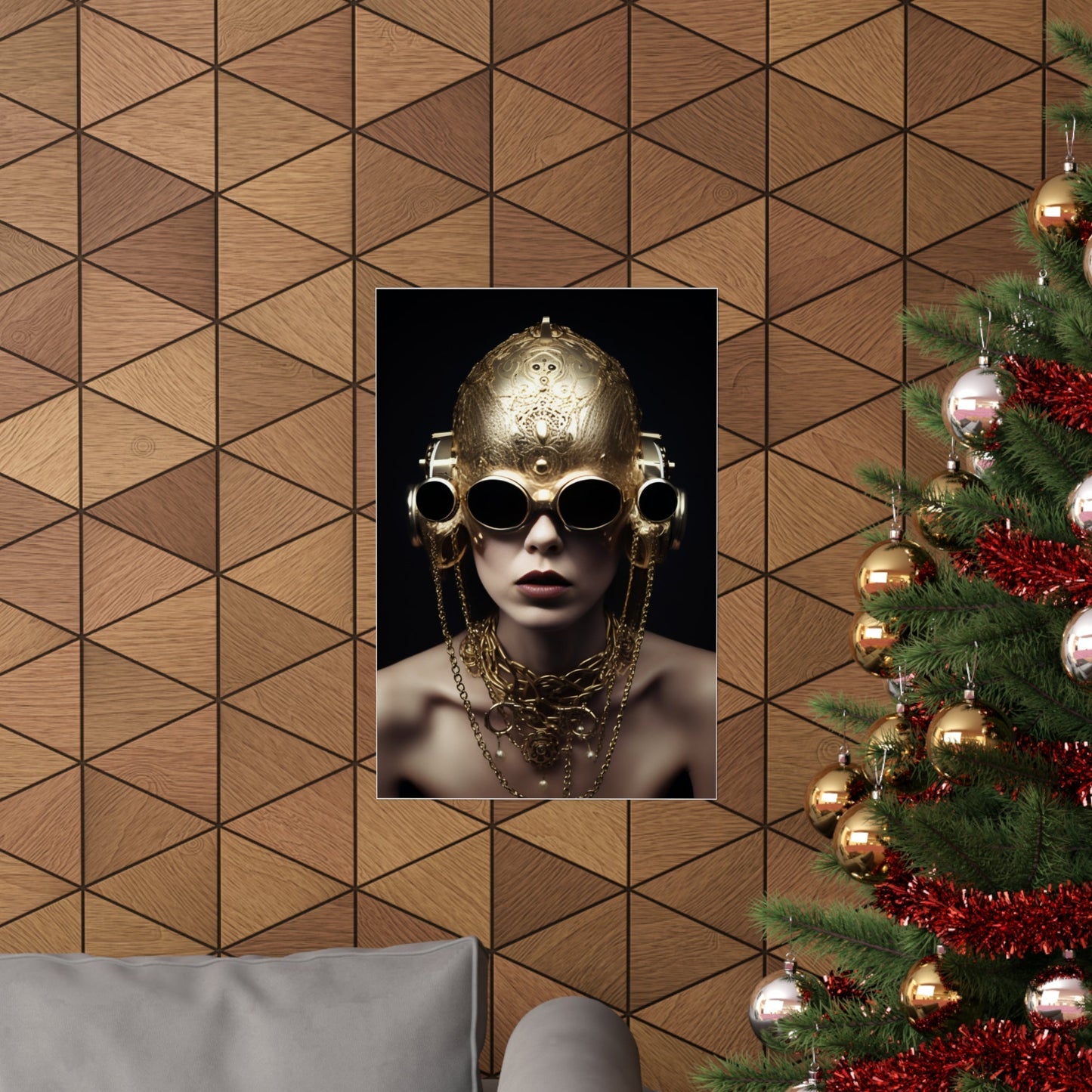 A christmas tree with a gold mask on it