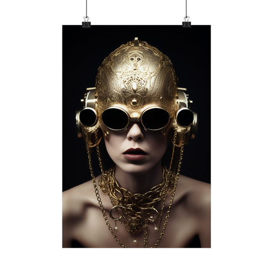 Ornate golden steampunk-style helmet with multiple goggle lenses and hanging chains.