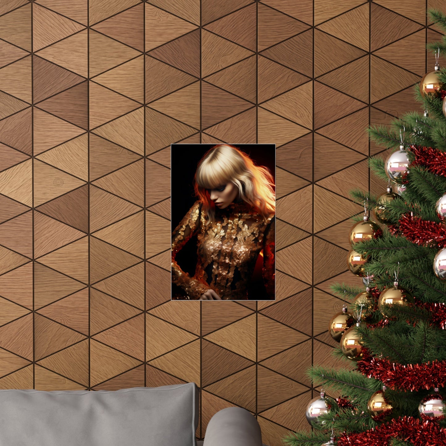 A christmas tree with a picture of a woman
