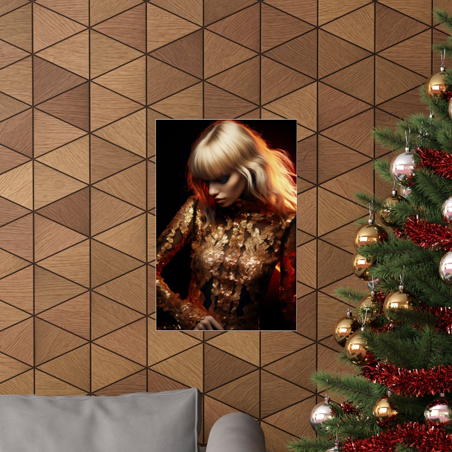 A christmas tree with a picture of a woman