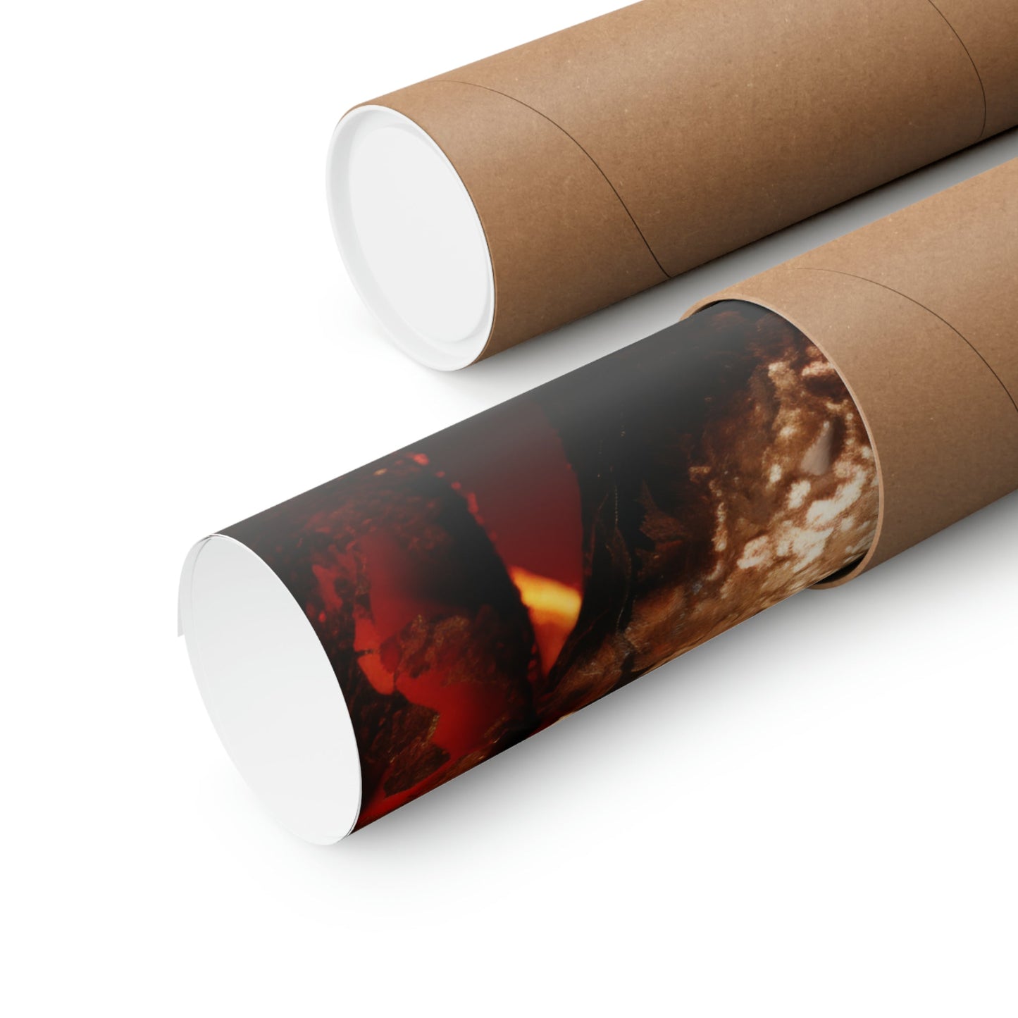 Two rolls of brown paper with a fire inside