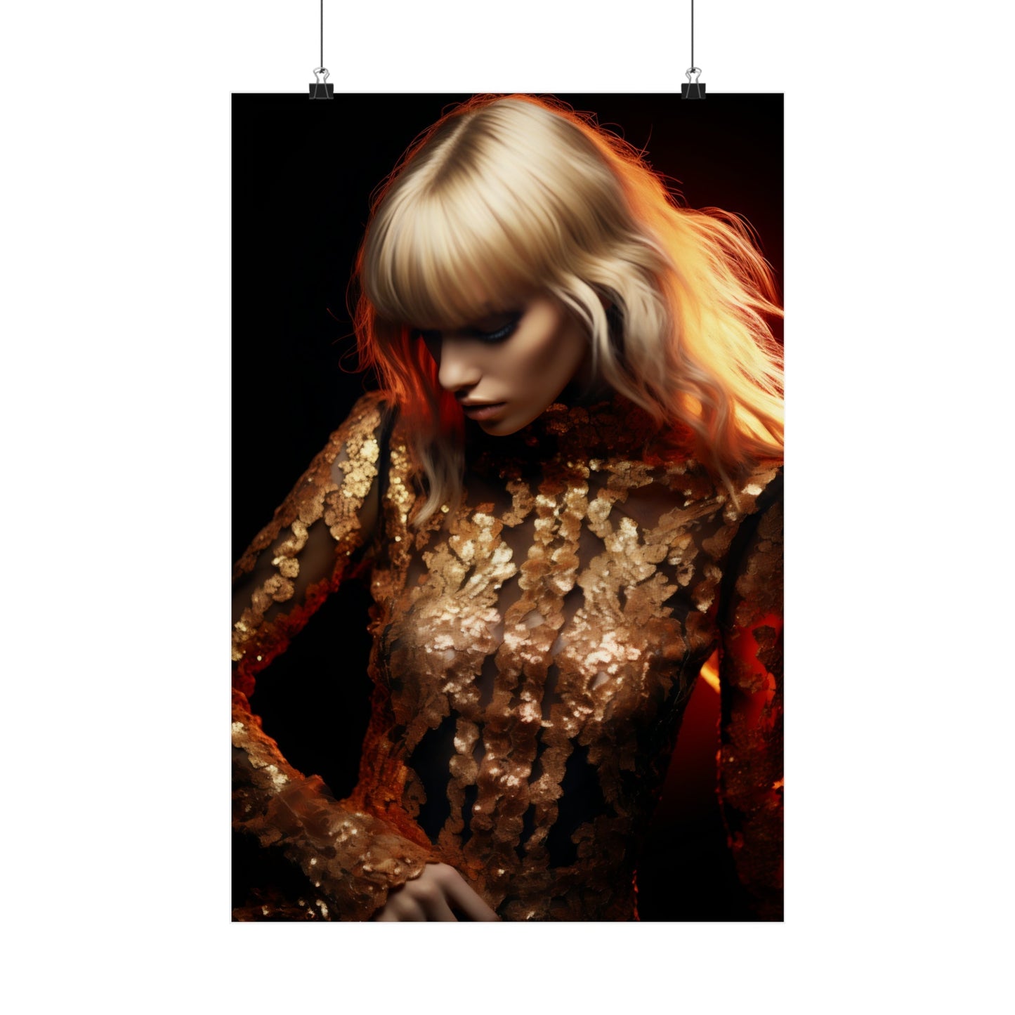 A poster with a blonde woman in a gold dress