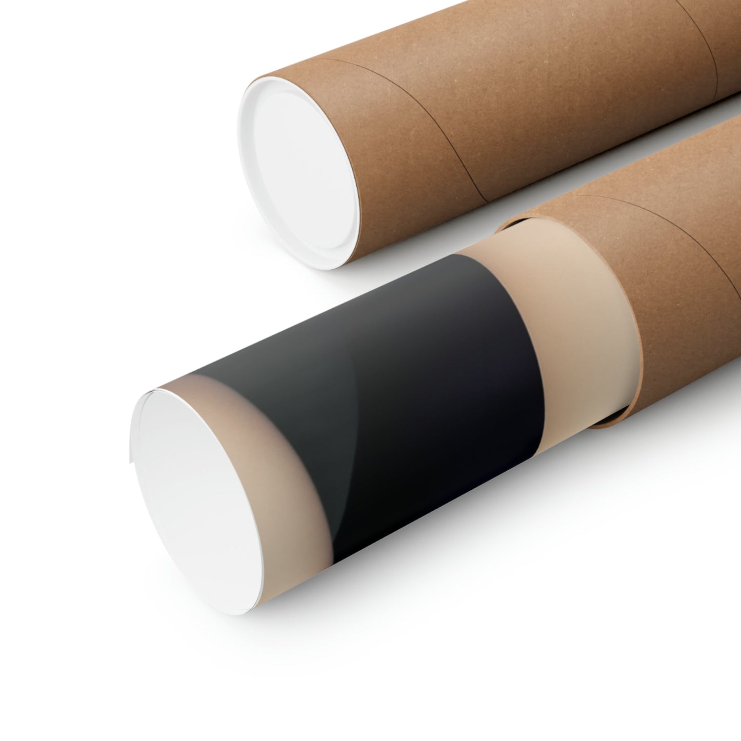 Two rolls of brown paper with black and white paper