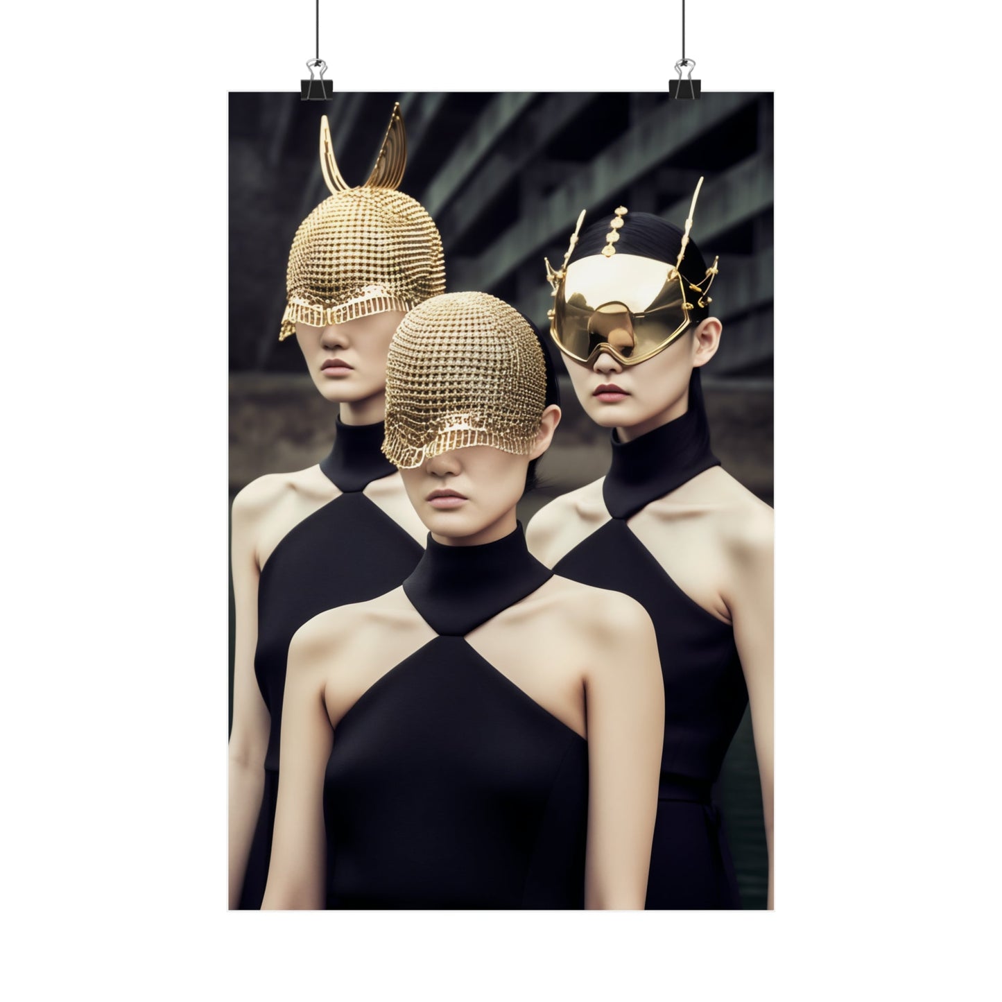 Three models wearing avant-garde gold headpieces and black halter-neck tops.