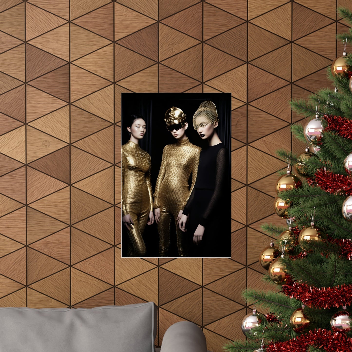 A christmas tree with a picture of two women in gold