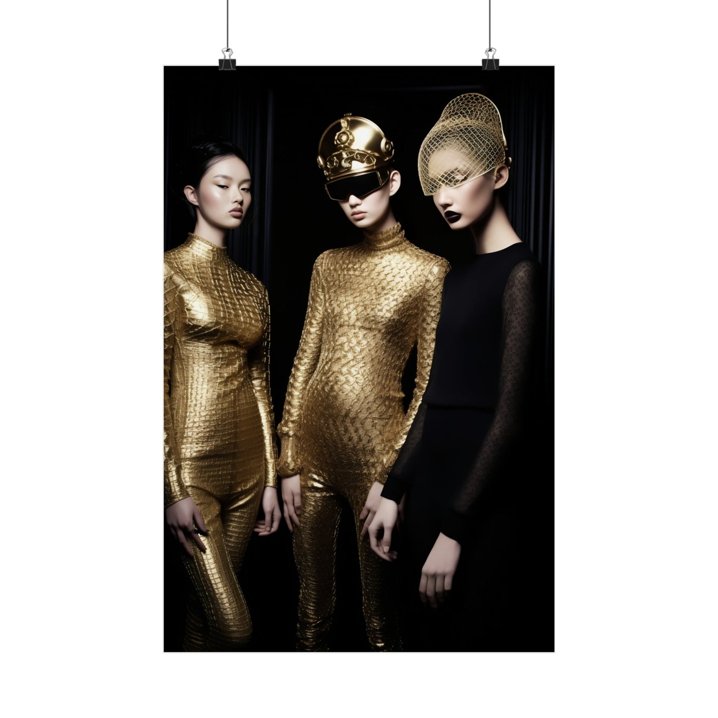 Two women in gold bodysuits, one wearing a gold helmet