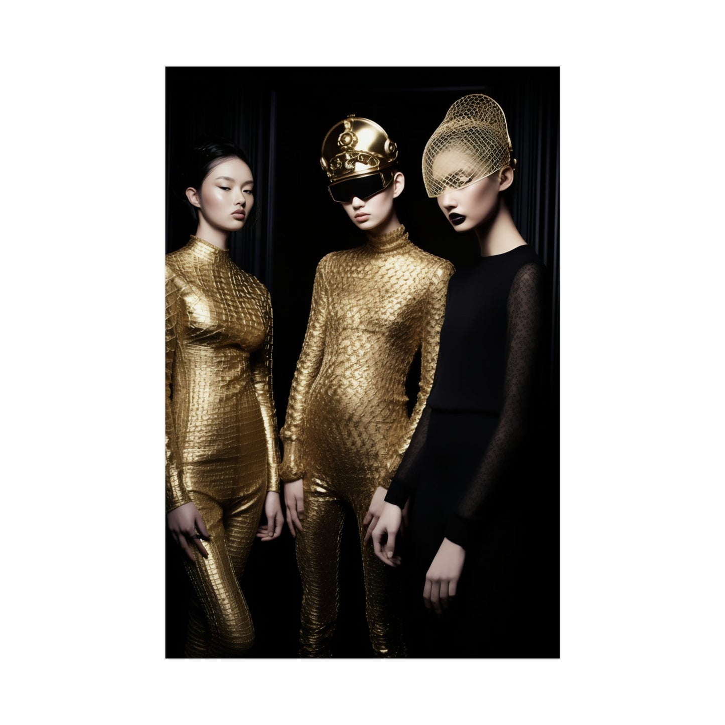 Three women in gold bodysuits