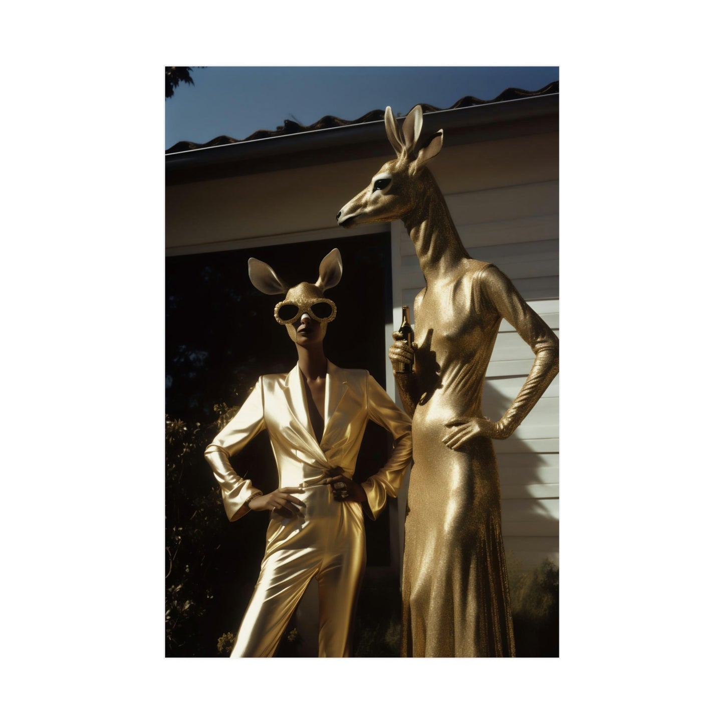 Two gold statues of a woman and a man
