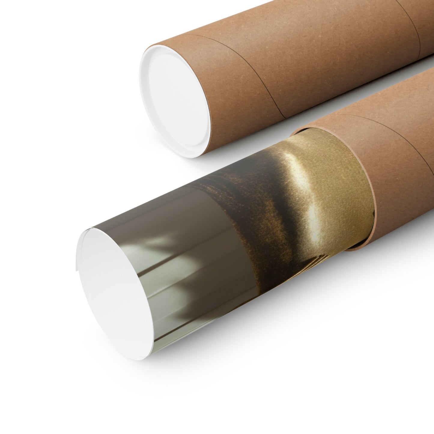 Two rolls of brown paper with gold foil on them