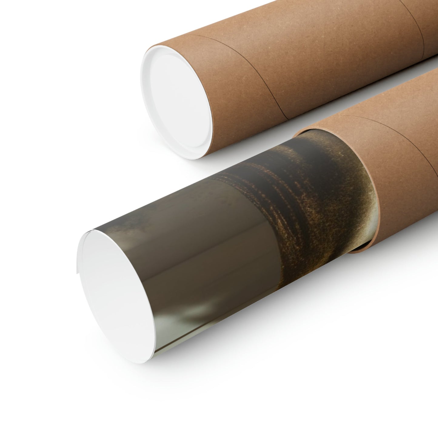 Two rolls of brown paper with brown foil on them