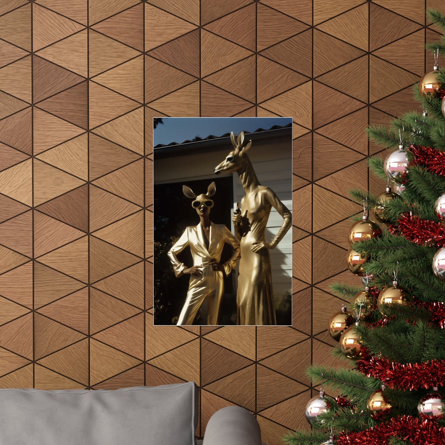 A christmas tree with a gold statue in the corner