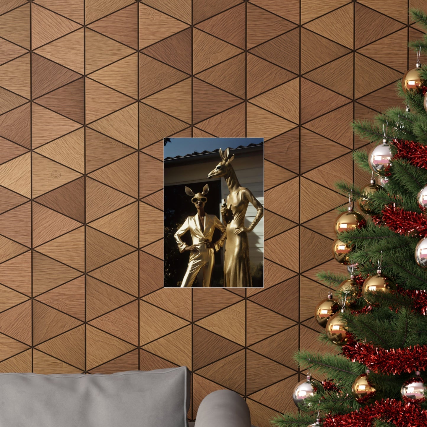 A christmas tree with a gold statue in the middle