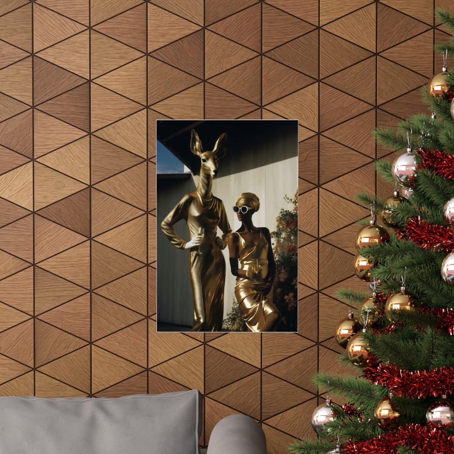 A christmas tree with a picture of a woman and a man