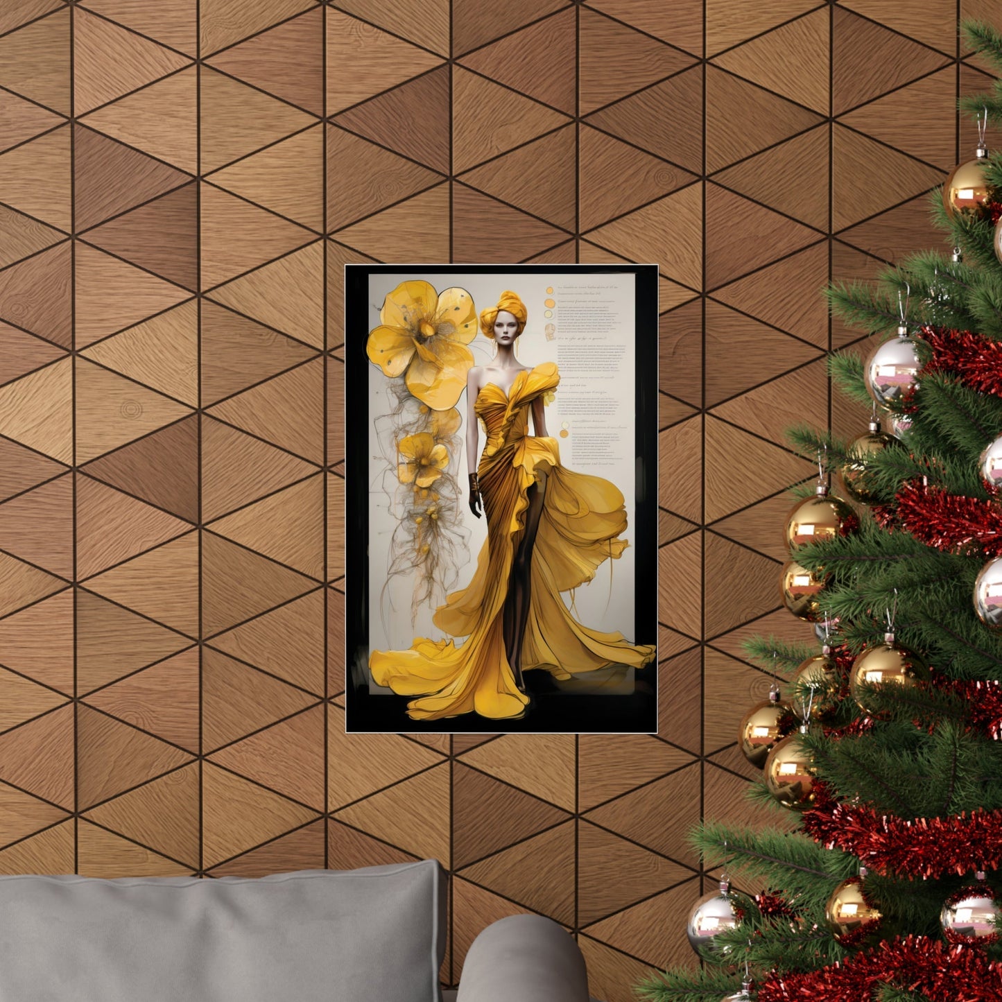 A christmas tree with a picture of a woman in a yellow dress