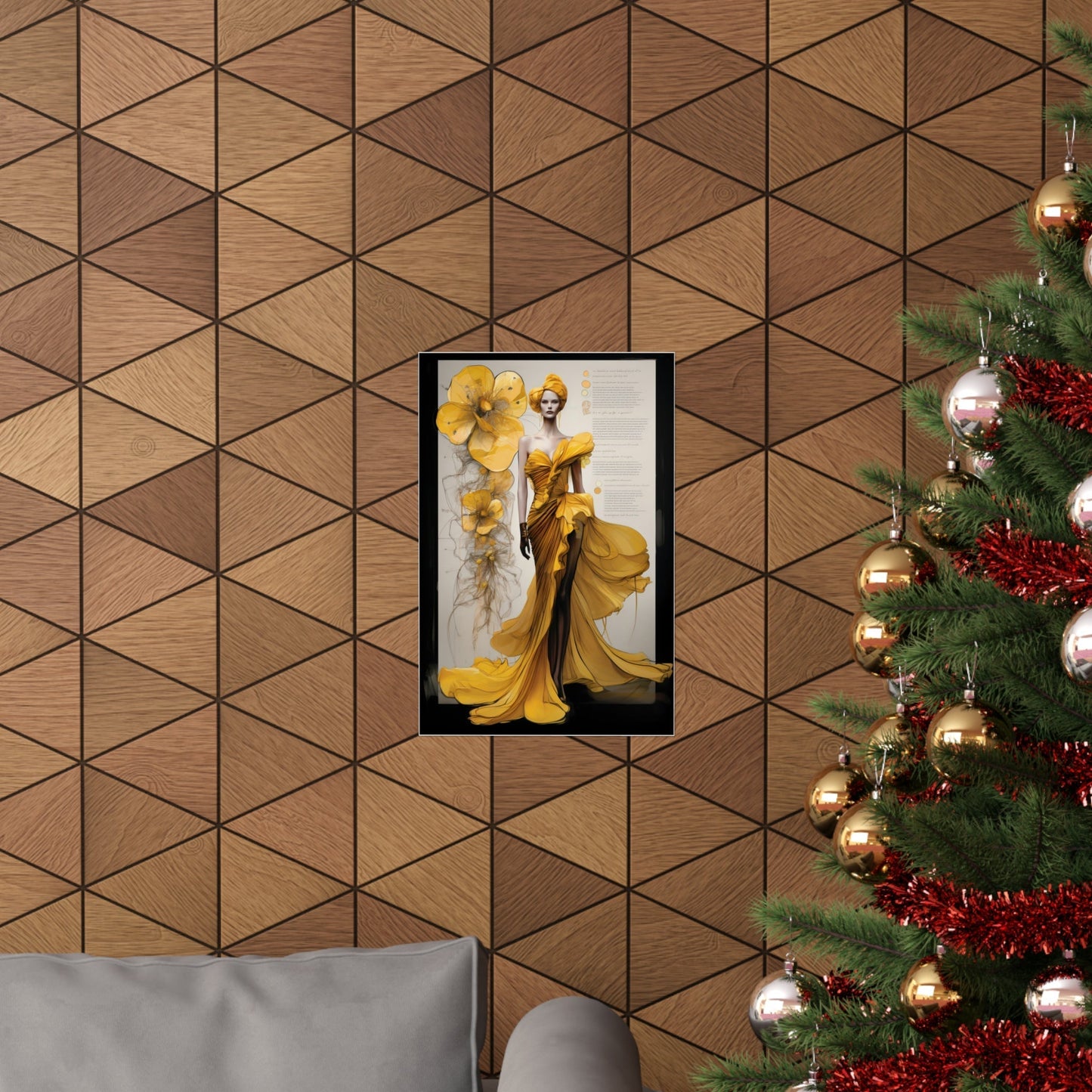 A christmas tree with a picture of a woman in a yellow dress
