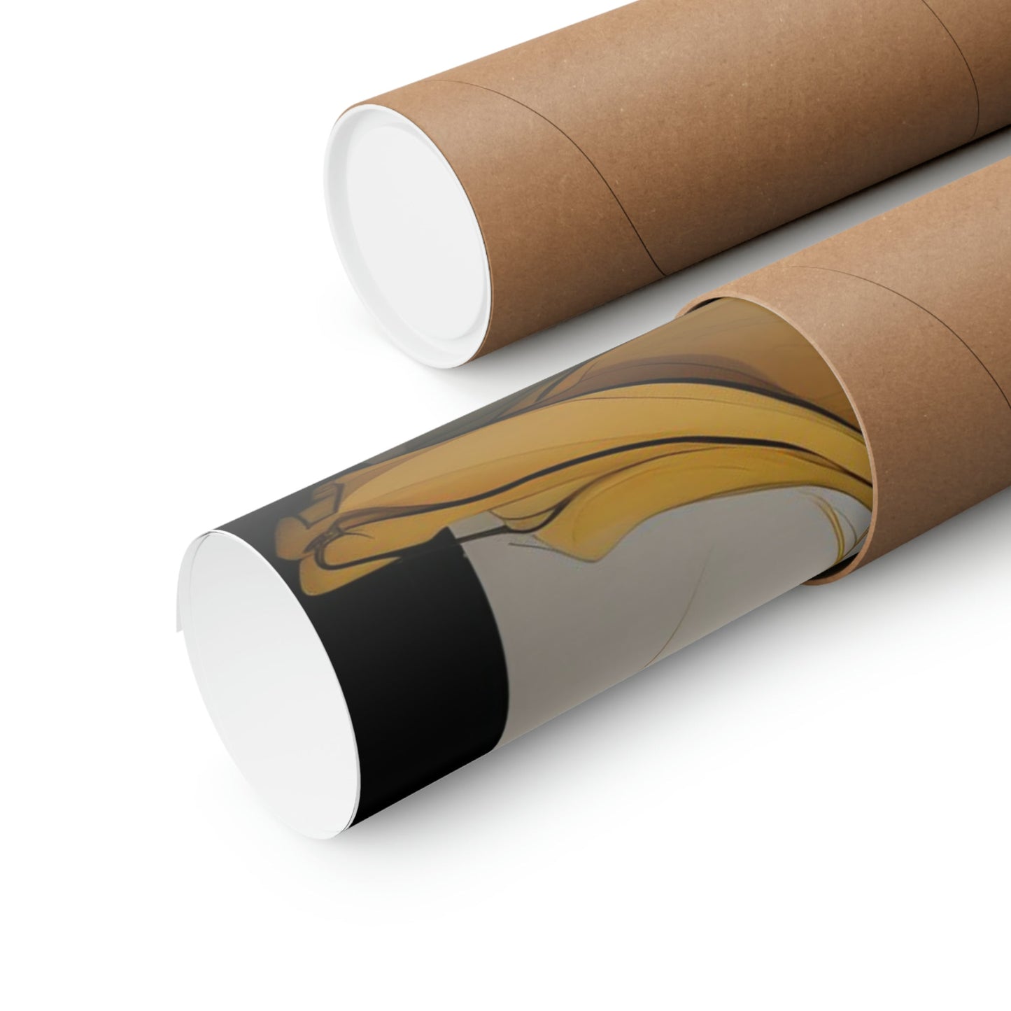 Two rolls of brown paper with a black and white design