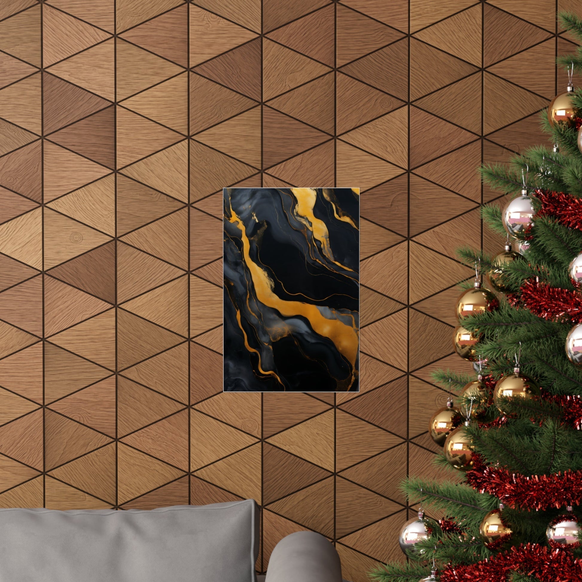 Abstract painting with swirling black and gold patterns resembling marble or fluid art.