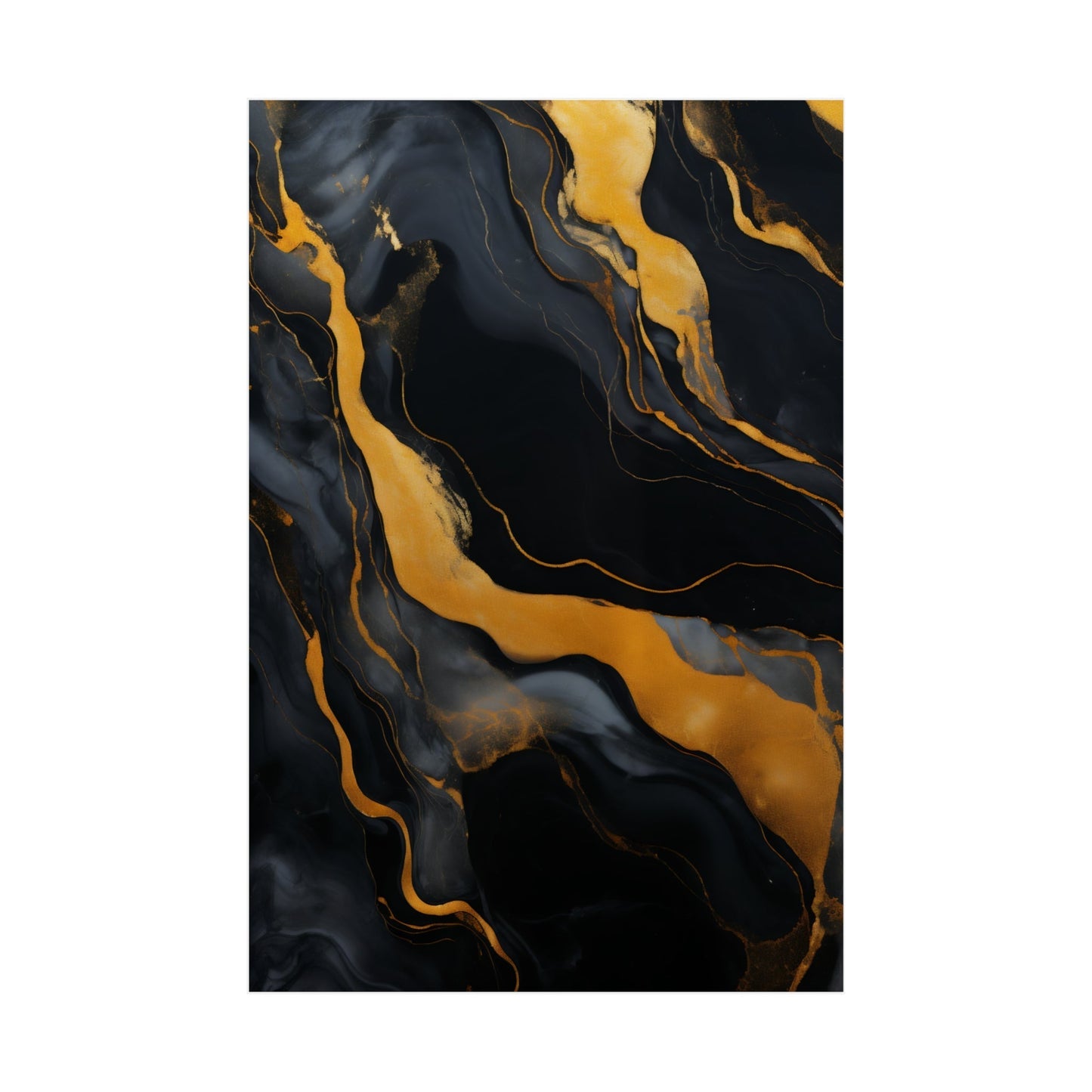 Abstract painting with swirling black and gold patterns resembling marble or fluid dynamics.