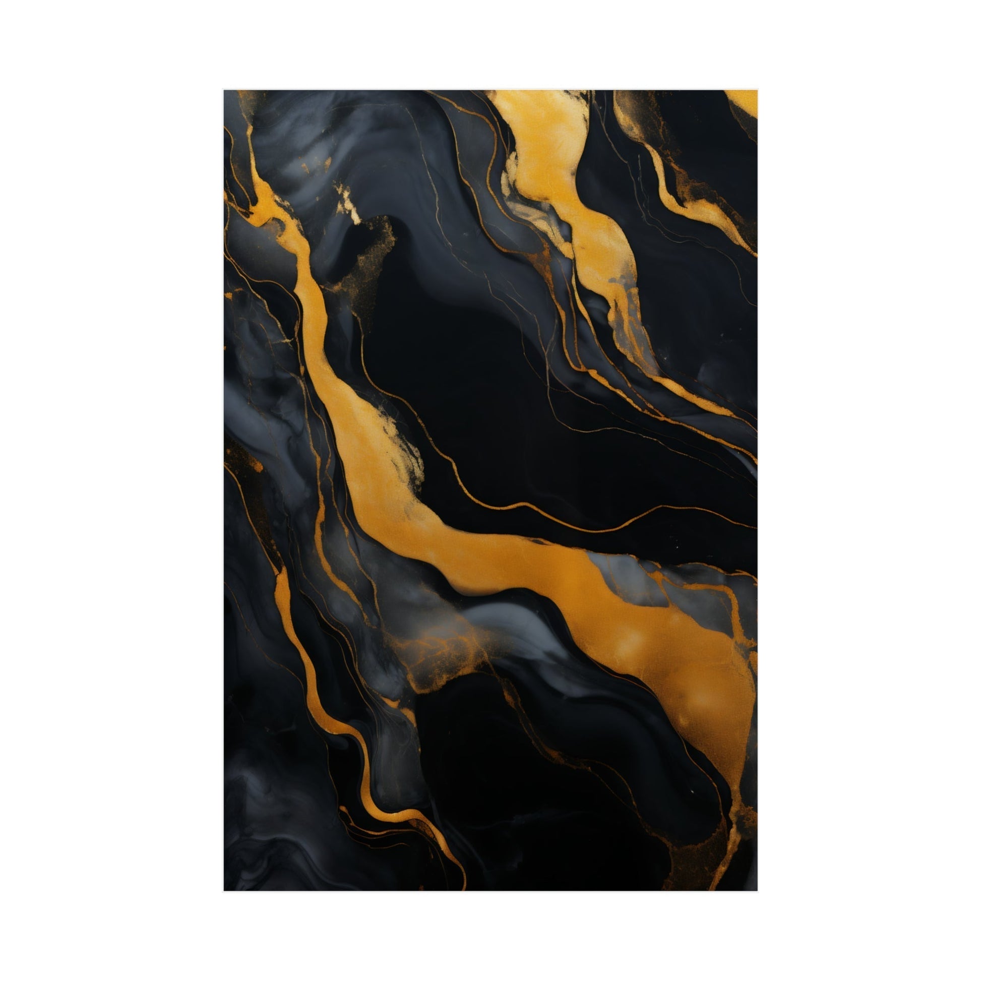 Abstract painting with swirling black and gold patterns resembling marble or fluid dynamics.