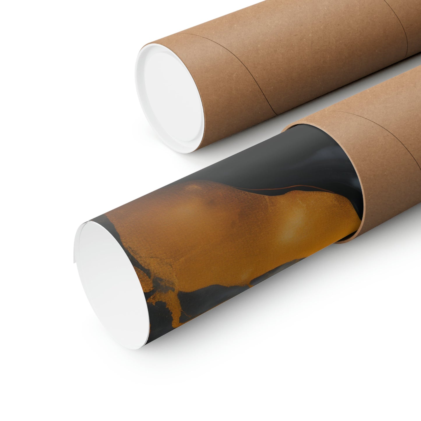 Cylindrical cardboard tubes, one partially opened to reveal a dark interior with amber-colored contents.
