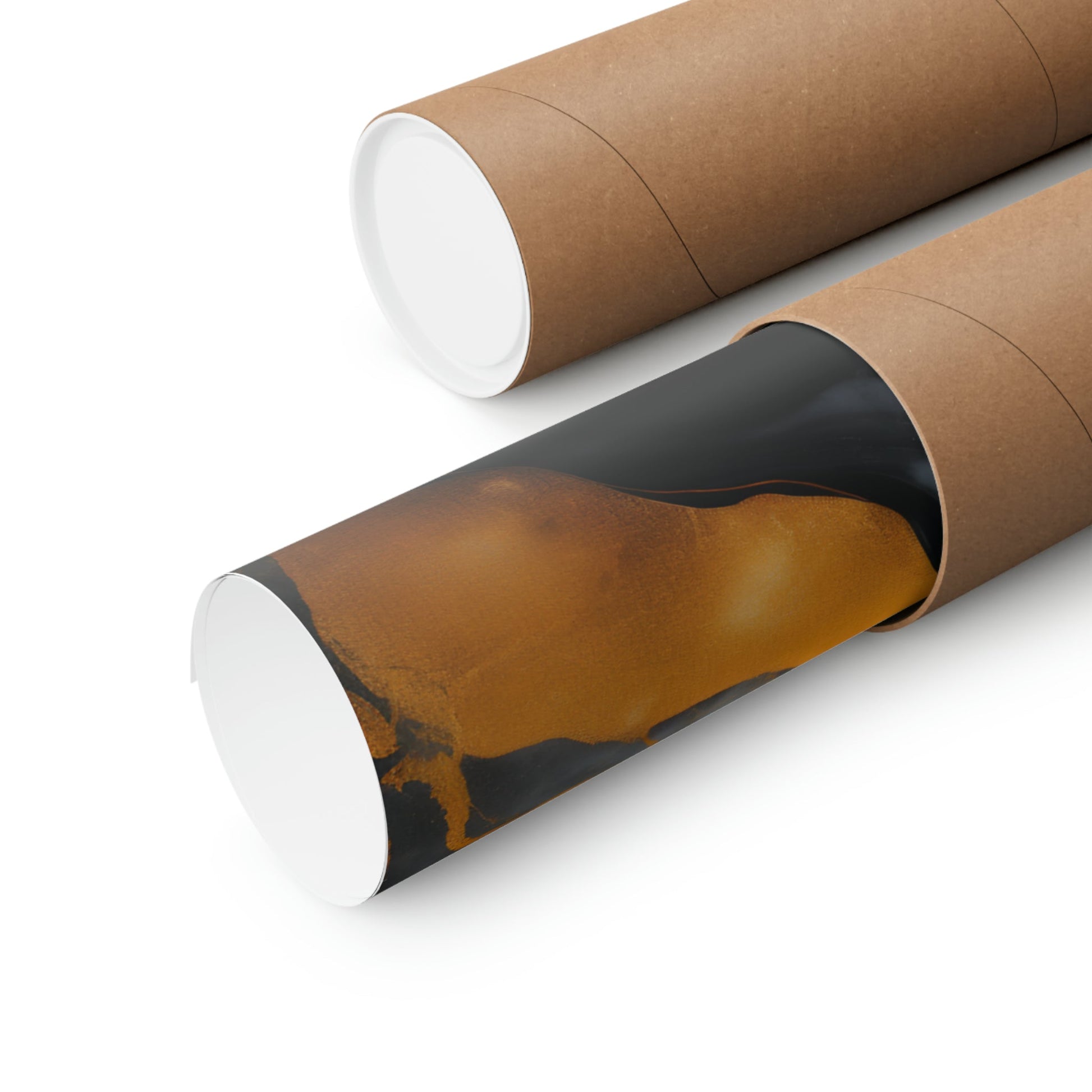 Cylindrical cardboard tubes, one partially opened to reveal a dark interior with amber-colored contents.