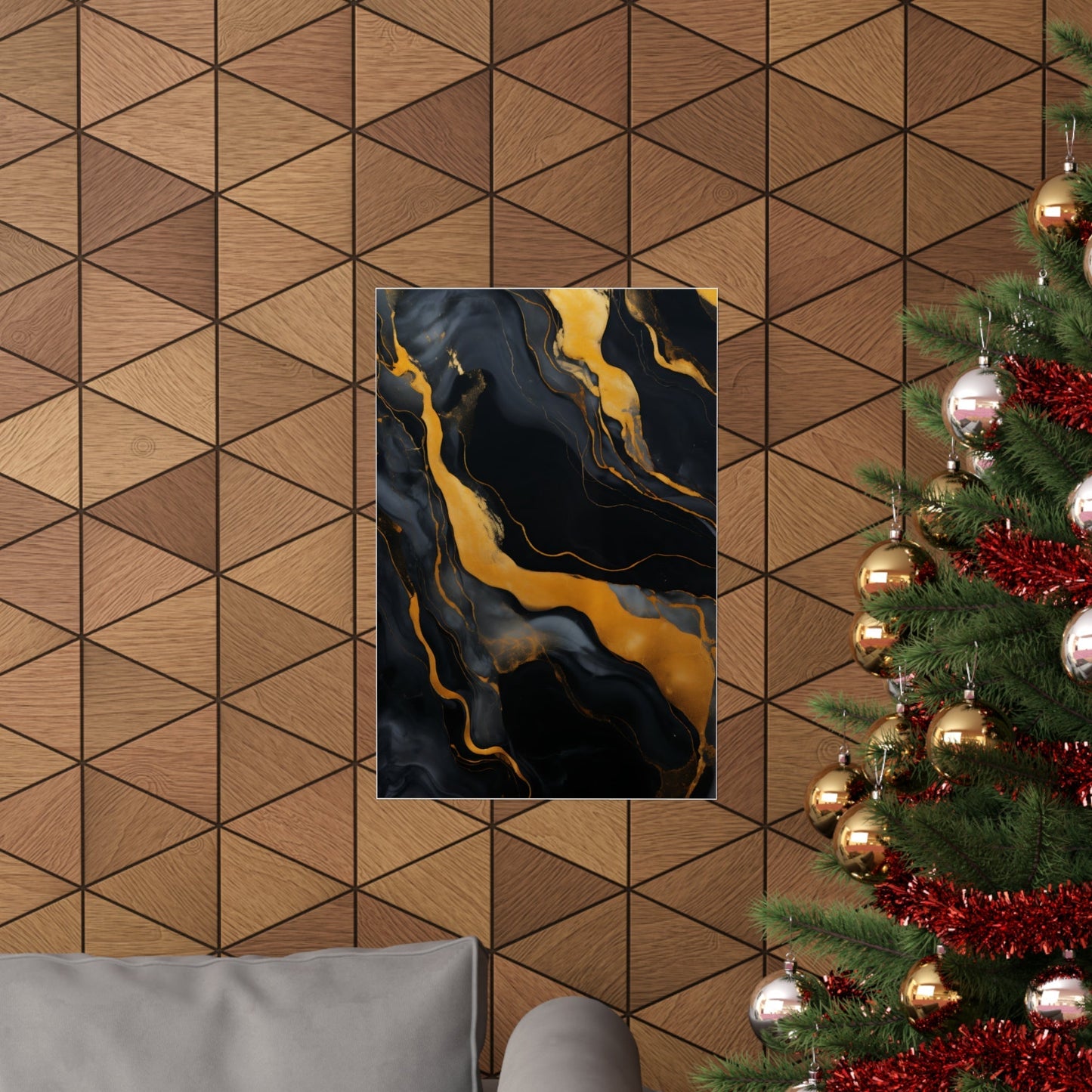 Abstract painting with swirling black and gold patterns resembling marble or fluid art.