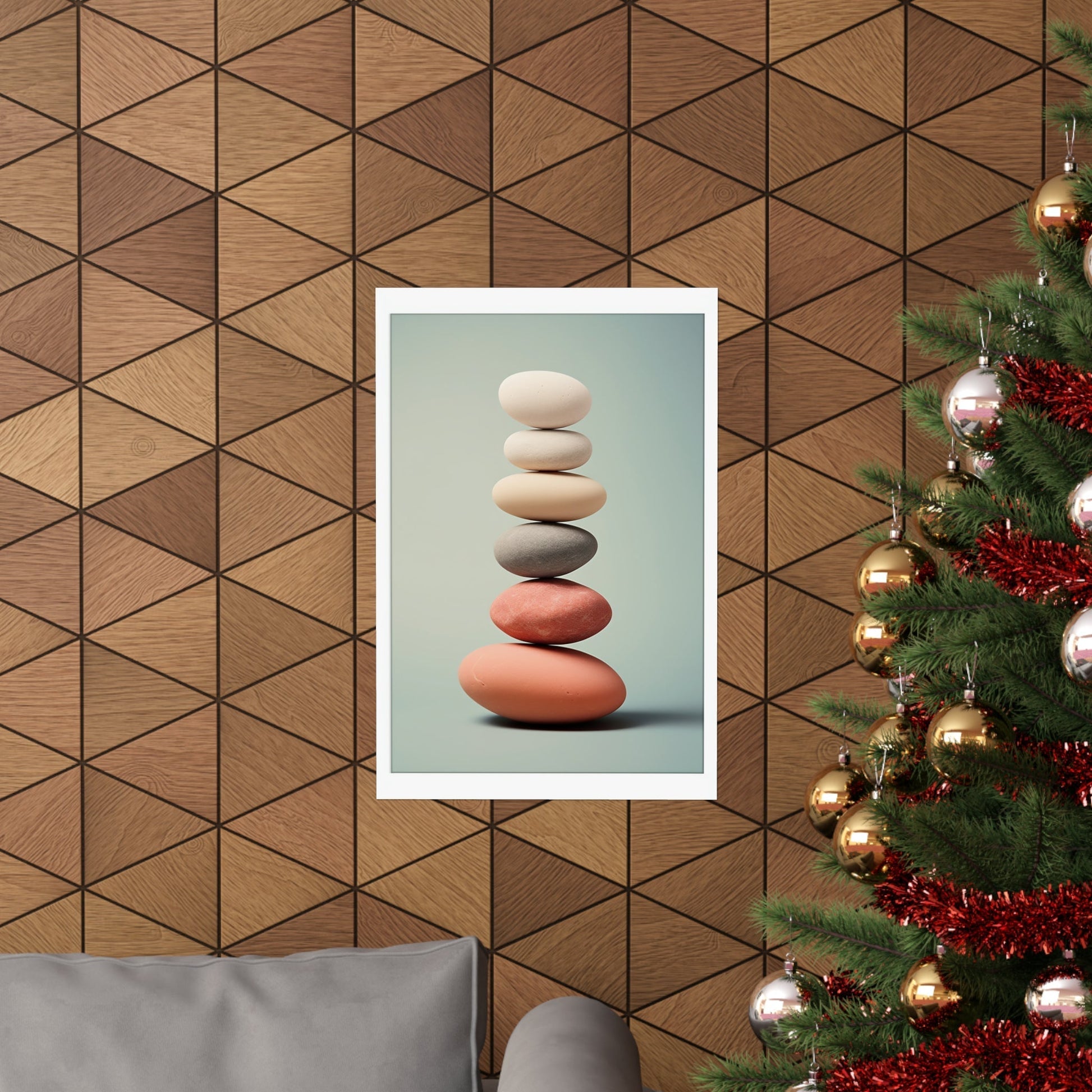 A christmas tree with a pile of rocks on it