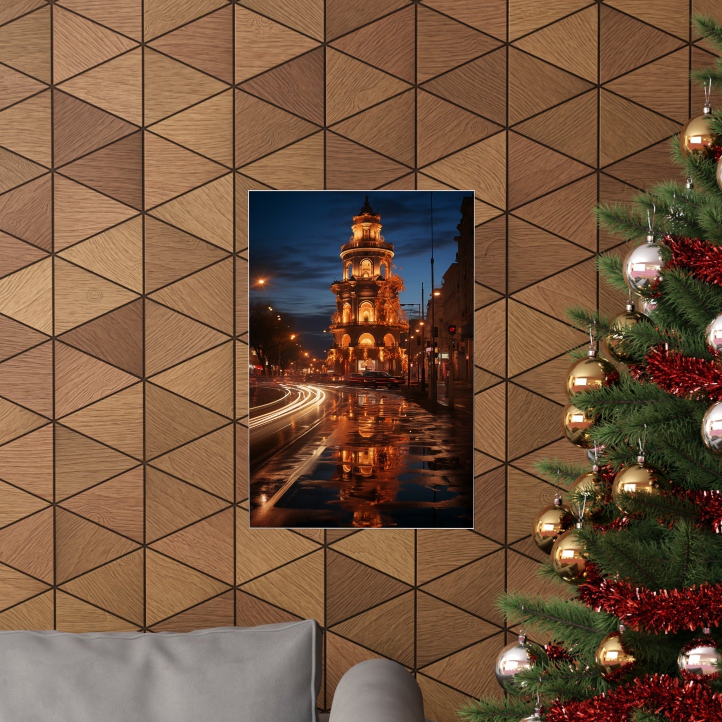 Canvas print depicting an illuminated clock tower at night with reflections on a wet street.