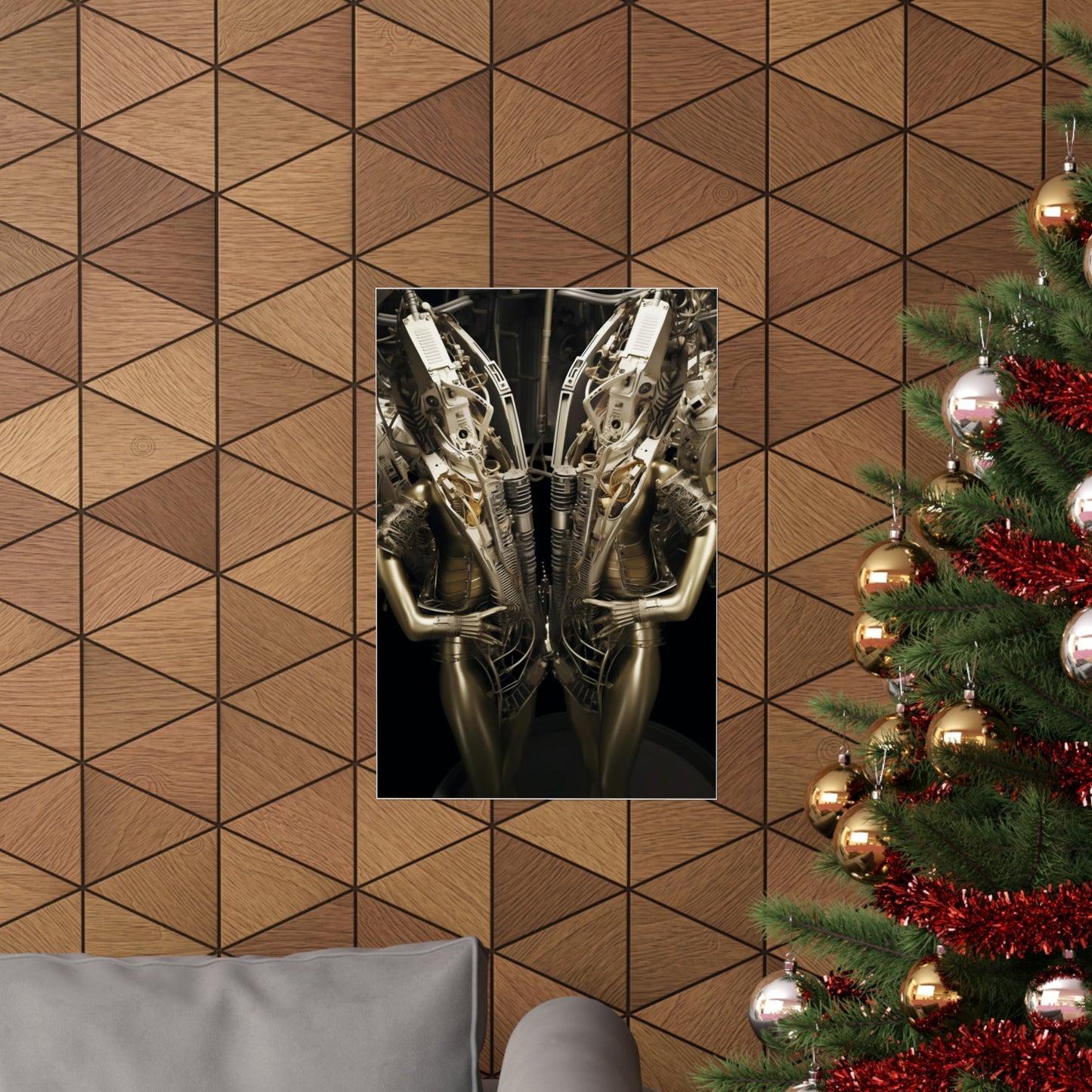 A christmas tree with a silver and gold robot