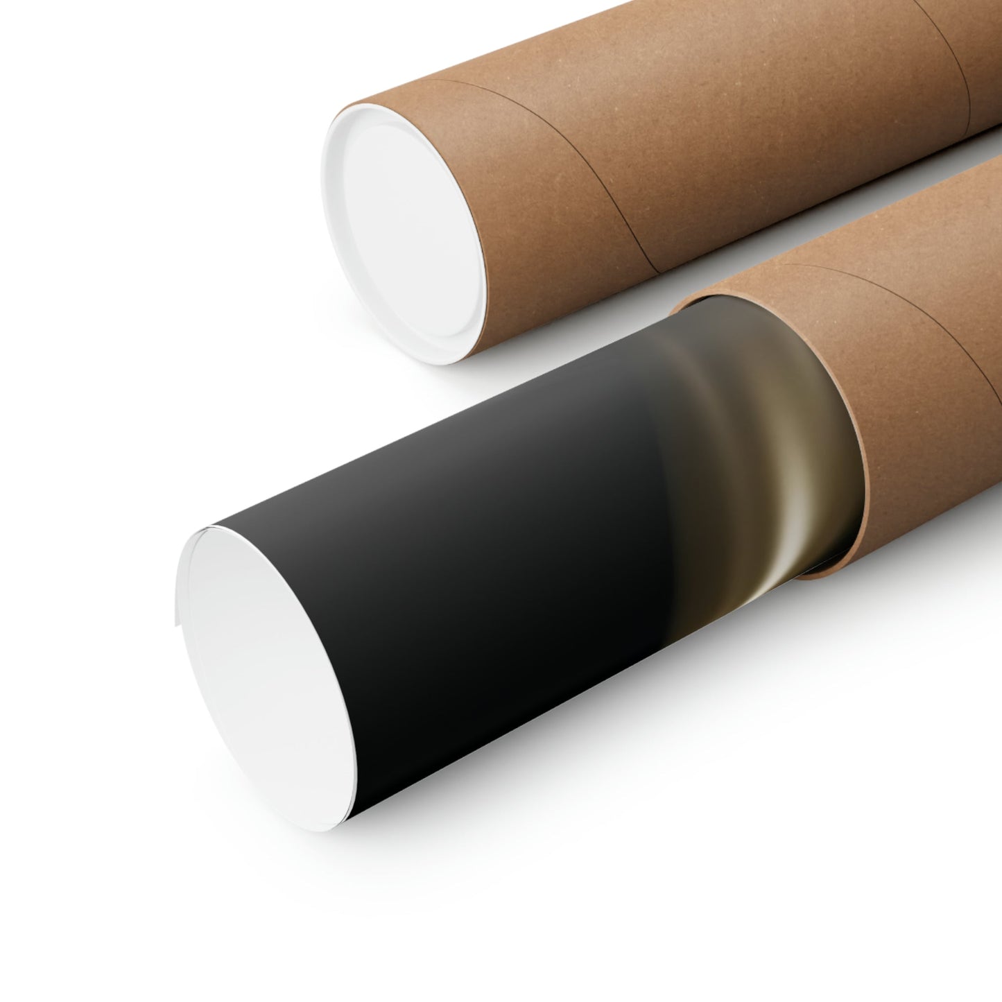 Two rolls of brown paper with black and white paper
