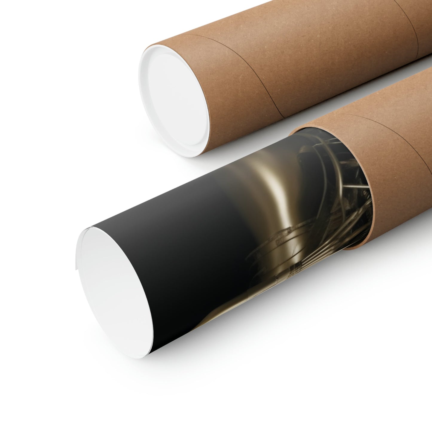Two rolls of brown paper with black and white foil