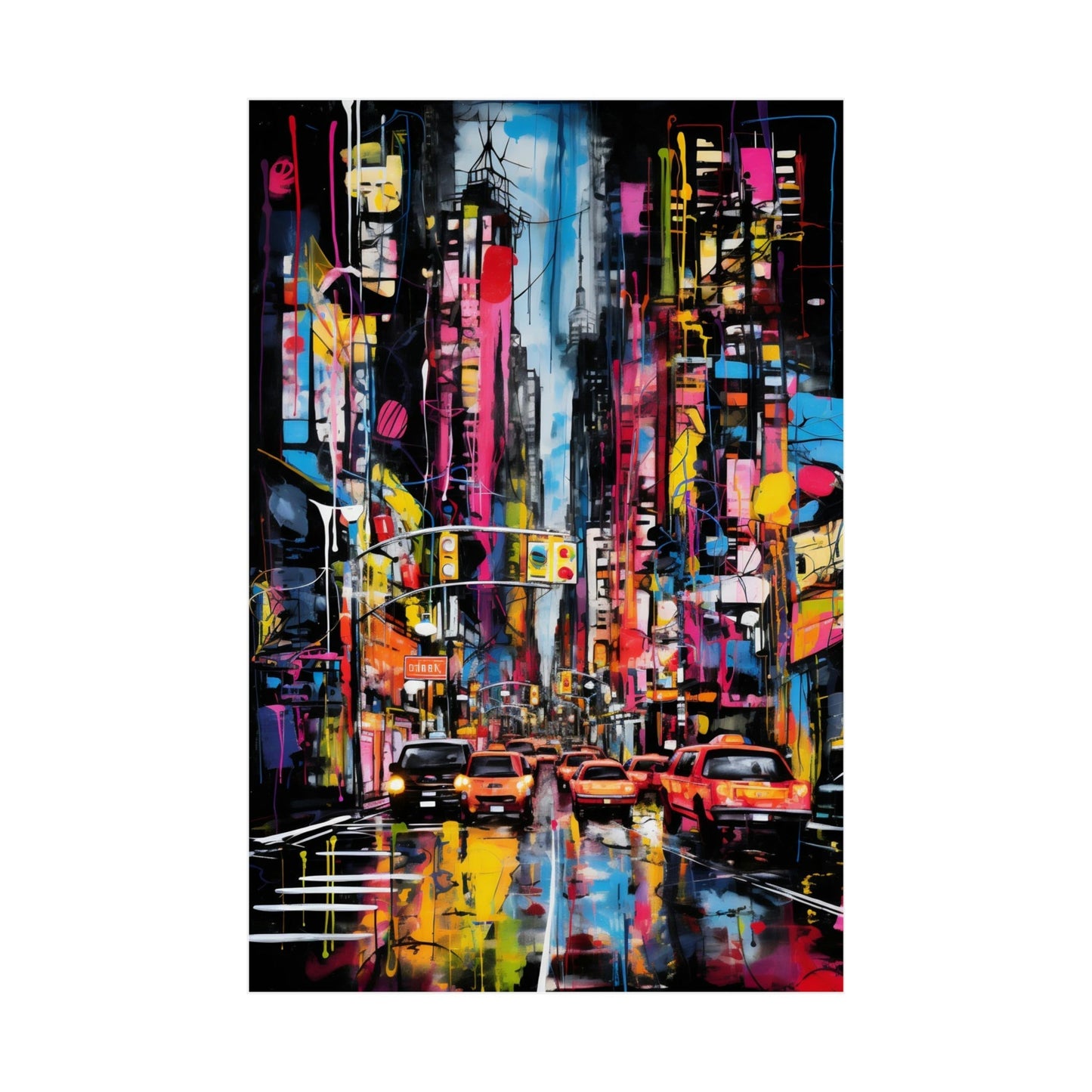 Vibrant abstract painting of a bustling city street at night with colorful lights and reflections.