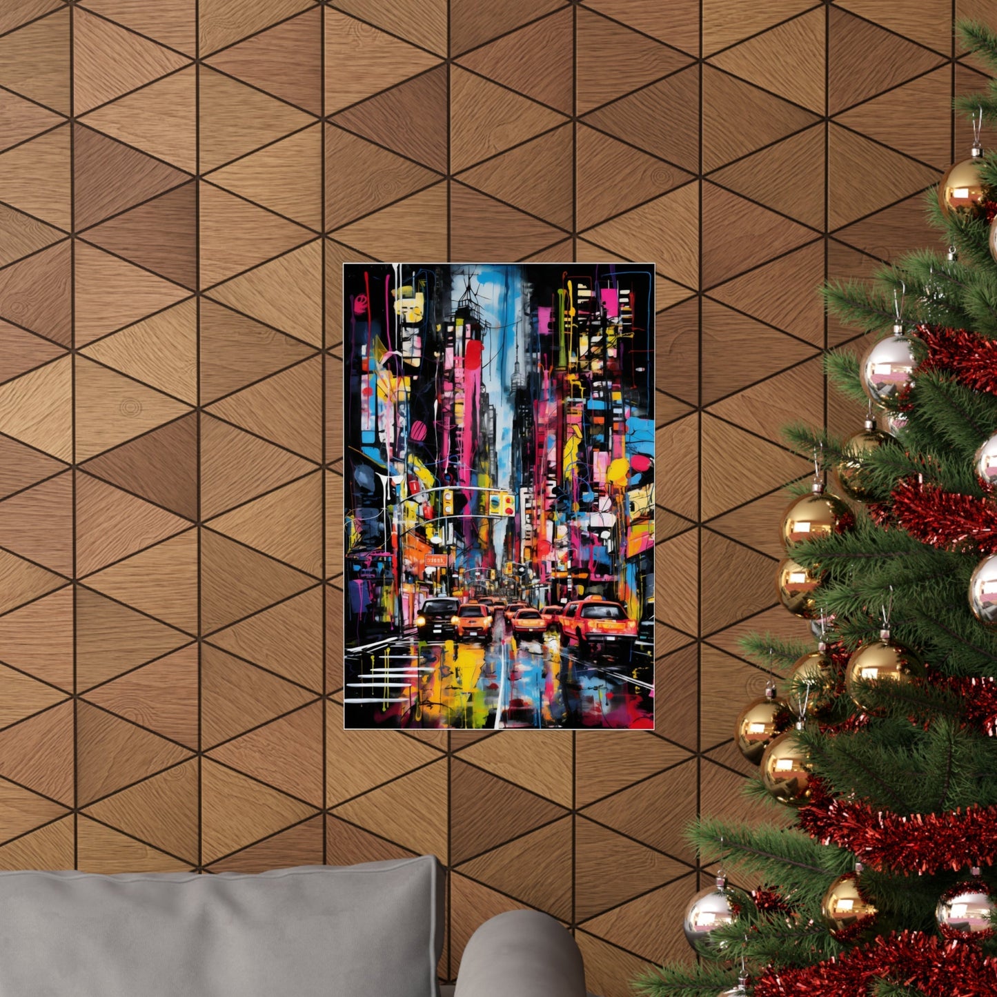 Colorful abstract painting depicting a vibrant cityscape at night.