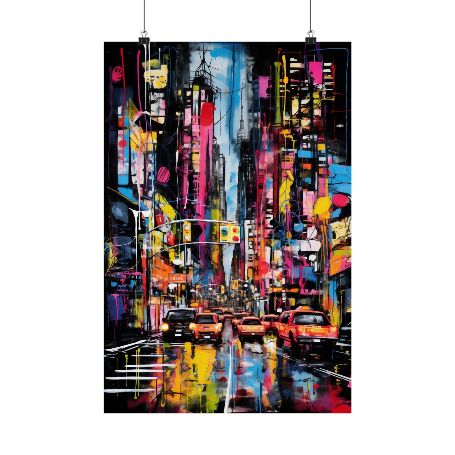 Vibrant abstract painting depicting a colorful cityscape at night.