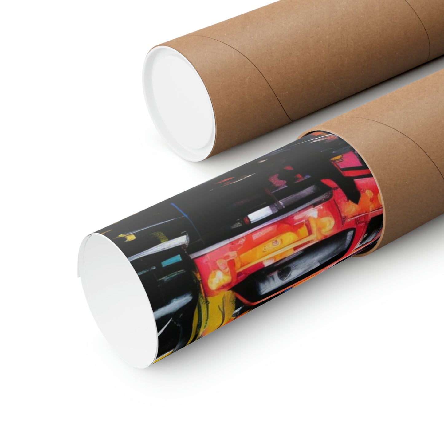 Cardboard mailing tubes, one plain and one with colorful abstract artwork printed on it.